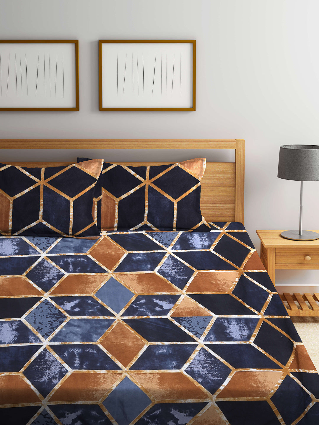 Arrabi Brown Geometric TC Cotton Blend King Size Bedsheet with 2 Pillow Covers (250 x 220 cm)