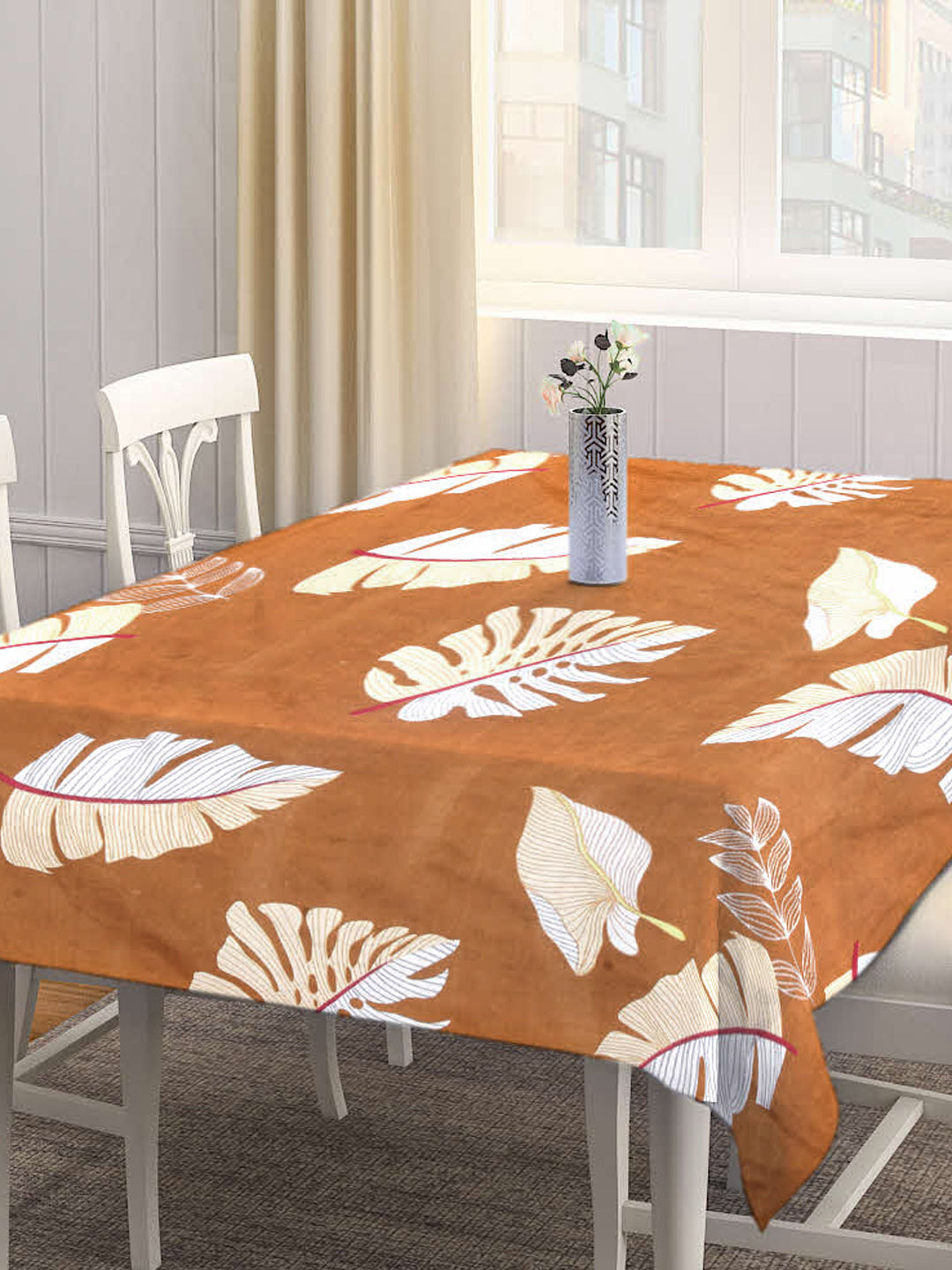 Arrabi Brown Leaf Cotton Blend 8 SEATER Table Cover (215 X 150 cm)