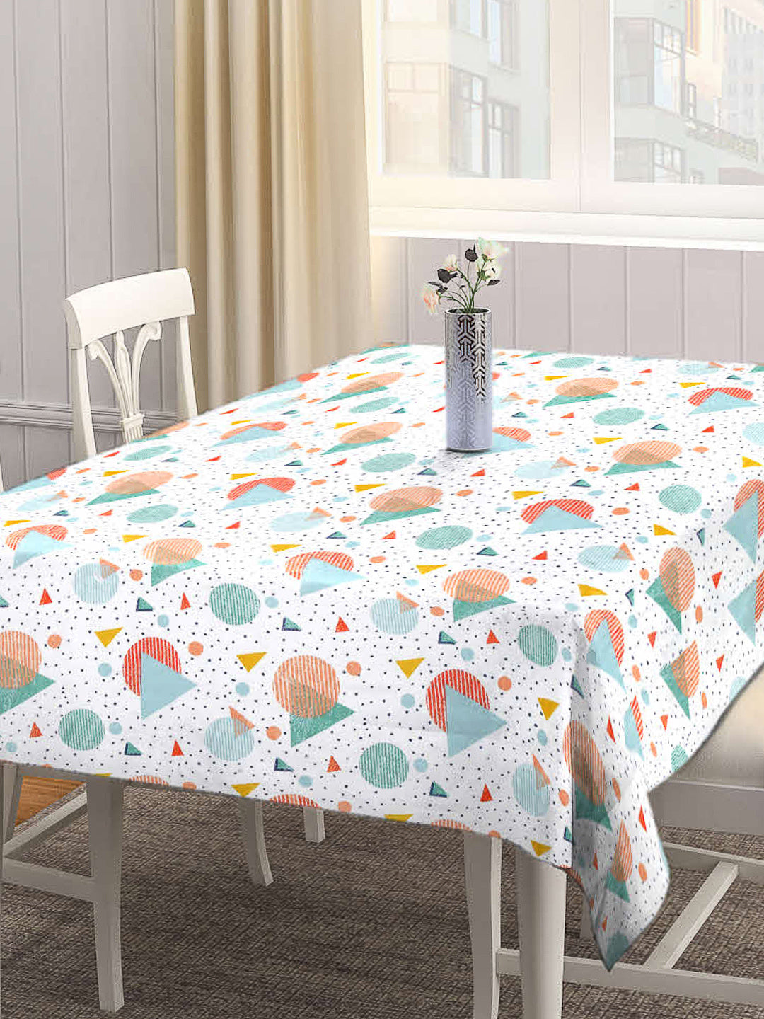 Arrabi White Geometric Cotton Blend 8 SEATER Table Cover (215 X 150 cm)