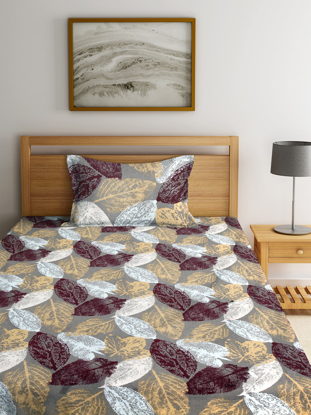 Arrabi Multi Leaf TC Cotton Blend Single Size Fitted Bedsheet with 1 Pillow Cover (220 X 150 cm)