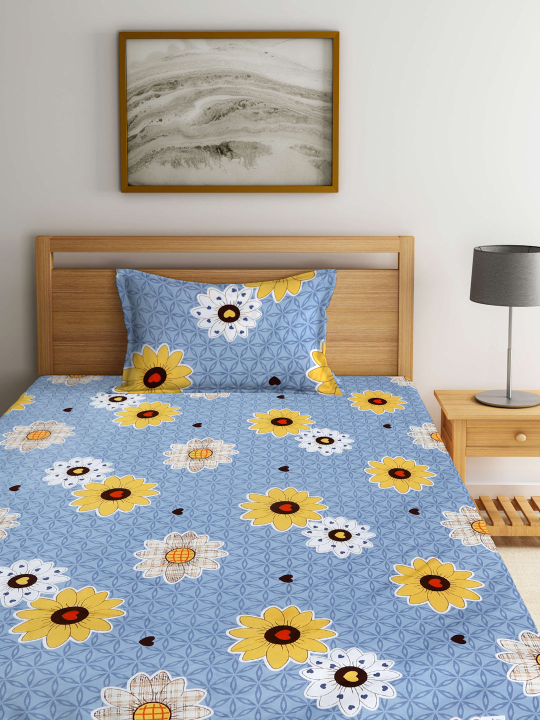 Arrabi Grey Floral TC Cotton Blend Single Size Bedsheet with 1 Pillow Cover (215 X 150 cm)