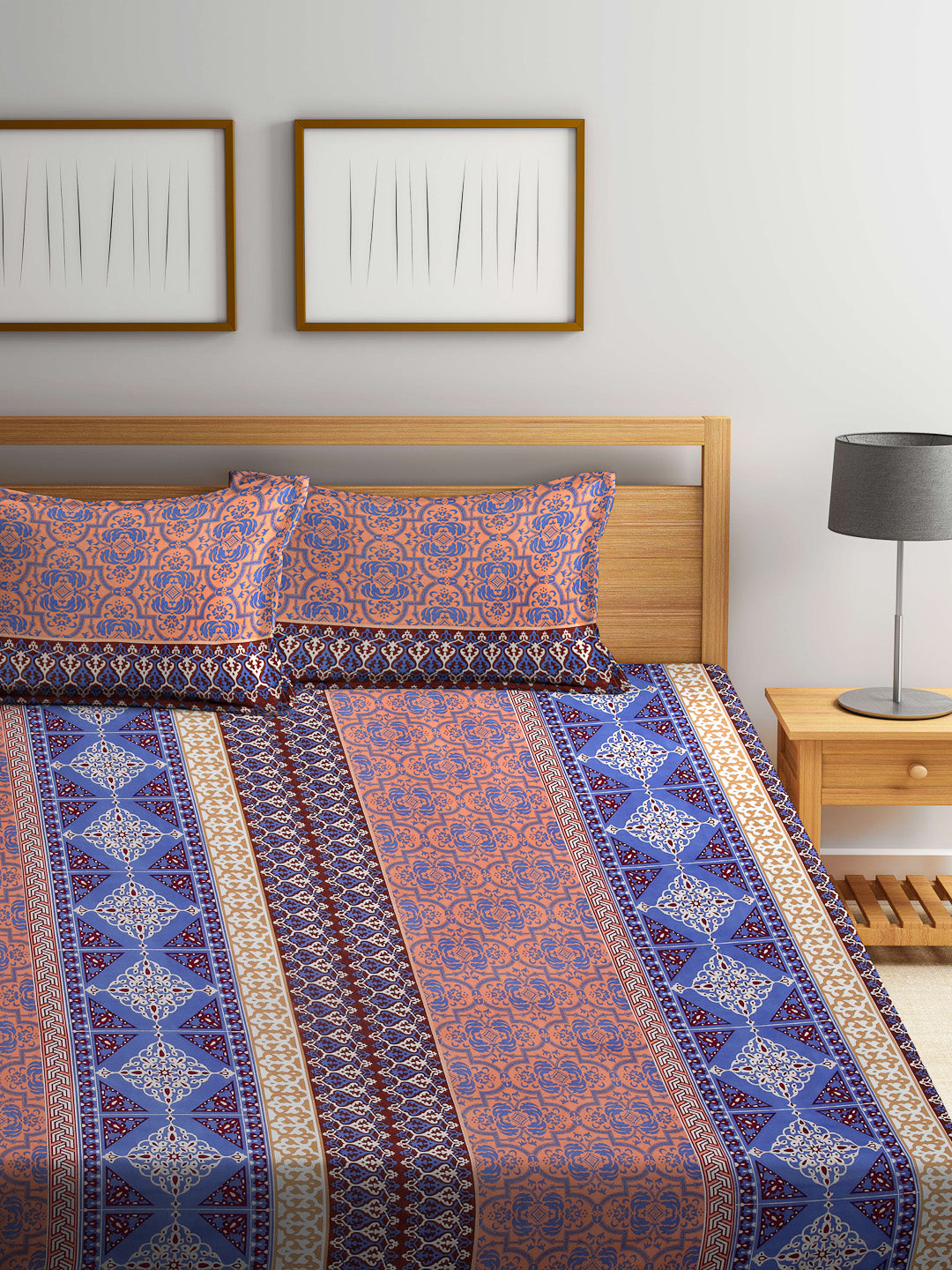 Arrabi Multi Indian TC Cotton Blend King Size Bookfold Bedsheet with 2 Pillow Covers (250 X 215 cm)