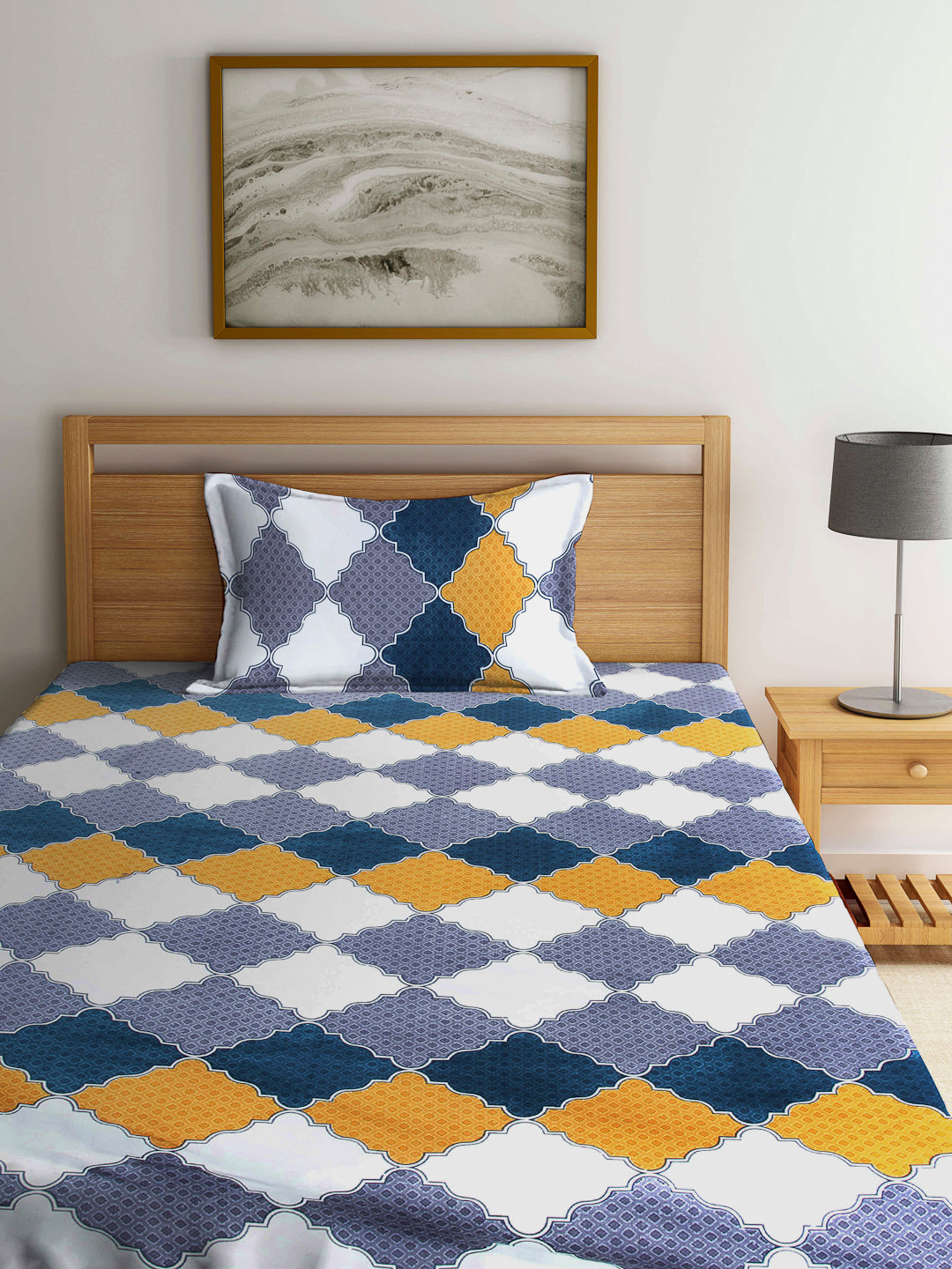 Arrabi Multi Geometric TC Cotton Blend Single Size Bedsheet with 1 Pillow Cover (220 x 150 cm)
