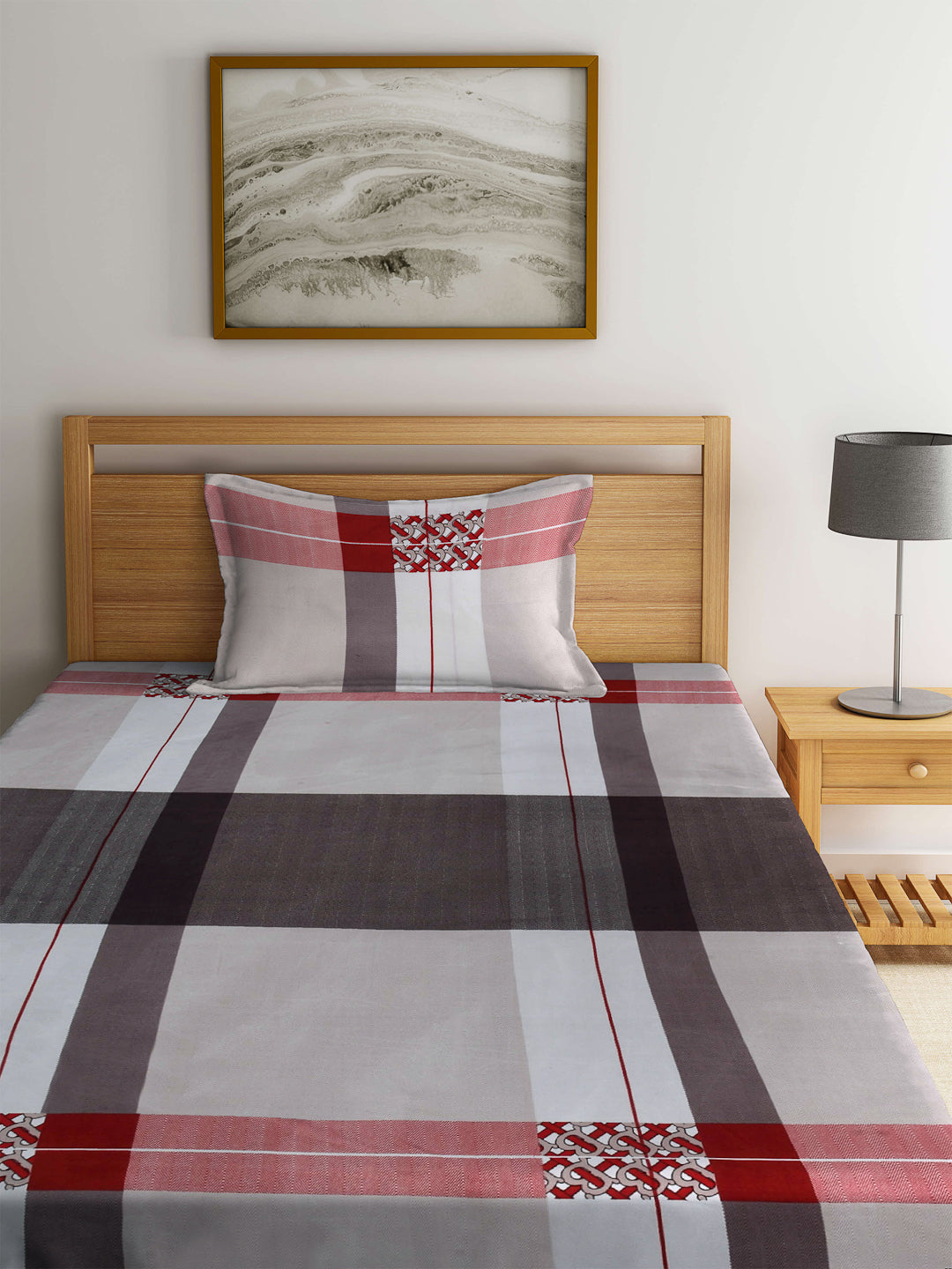 Arrabi Multi Geometric TC Cotton Blend Single Size Fitted Bedsheet with 1 Pillow Cover (220 X 150 cm)