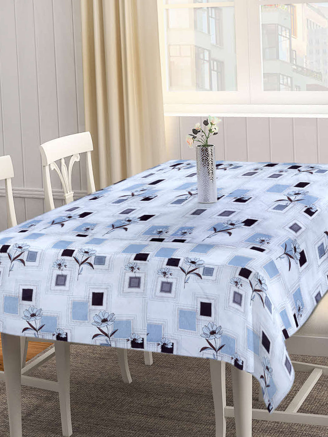 Arrabi White Floral Cotton Blend 8 SEATER Table Cover (215 X 150 cm)