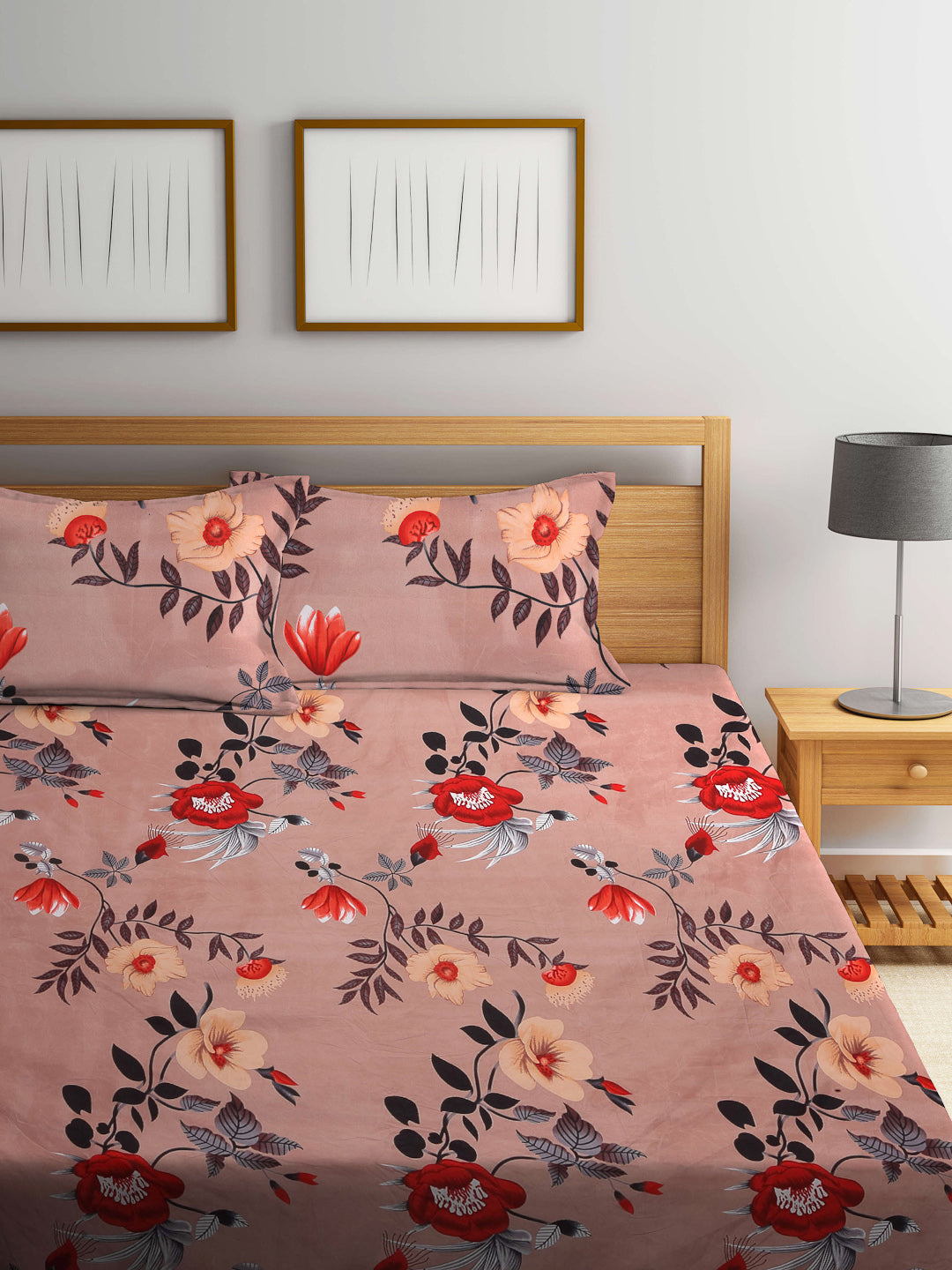 Arrabi Brown Floral TC Cotton Blend Super King Size Bookfold Bedsheet with 2 Pillow Covers (270 X 260 cm)