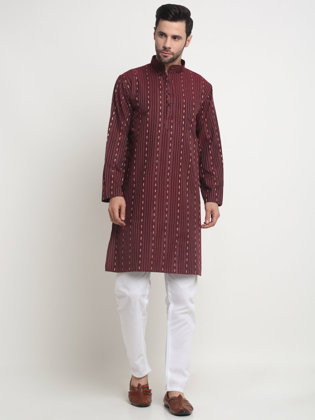 Arrabi Men Maroon Pure Cotton Geometric Kurta Pyjama Set with Pockets