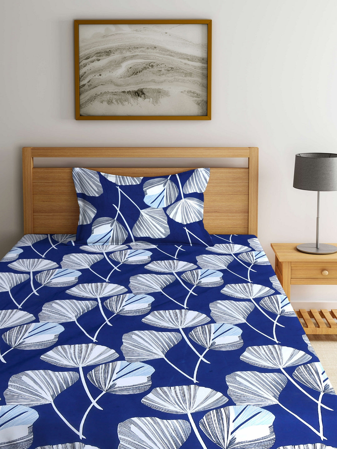 Arrabi Blue Floral TC Cotton Blend Single Size Bedsheet with 1 Pillow Cover (220 x 150 cm)