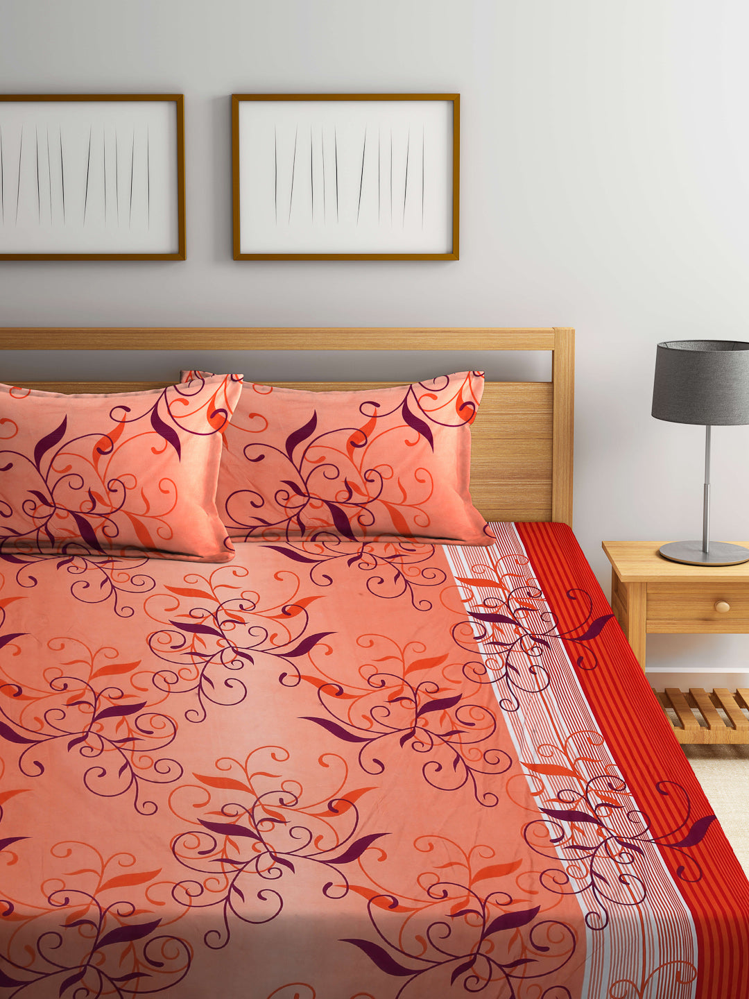 Arrabi Orange Indian TC Cotton Blend King Size Bookfold Bedsheet with 2 Pillow Covers (250 X 215 cm)