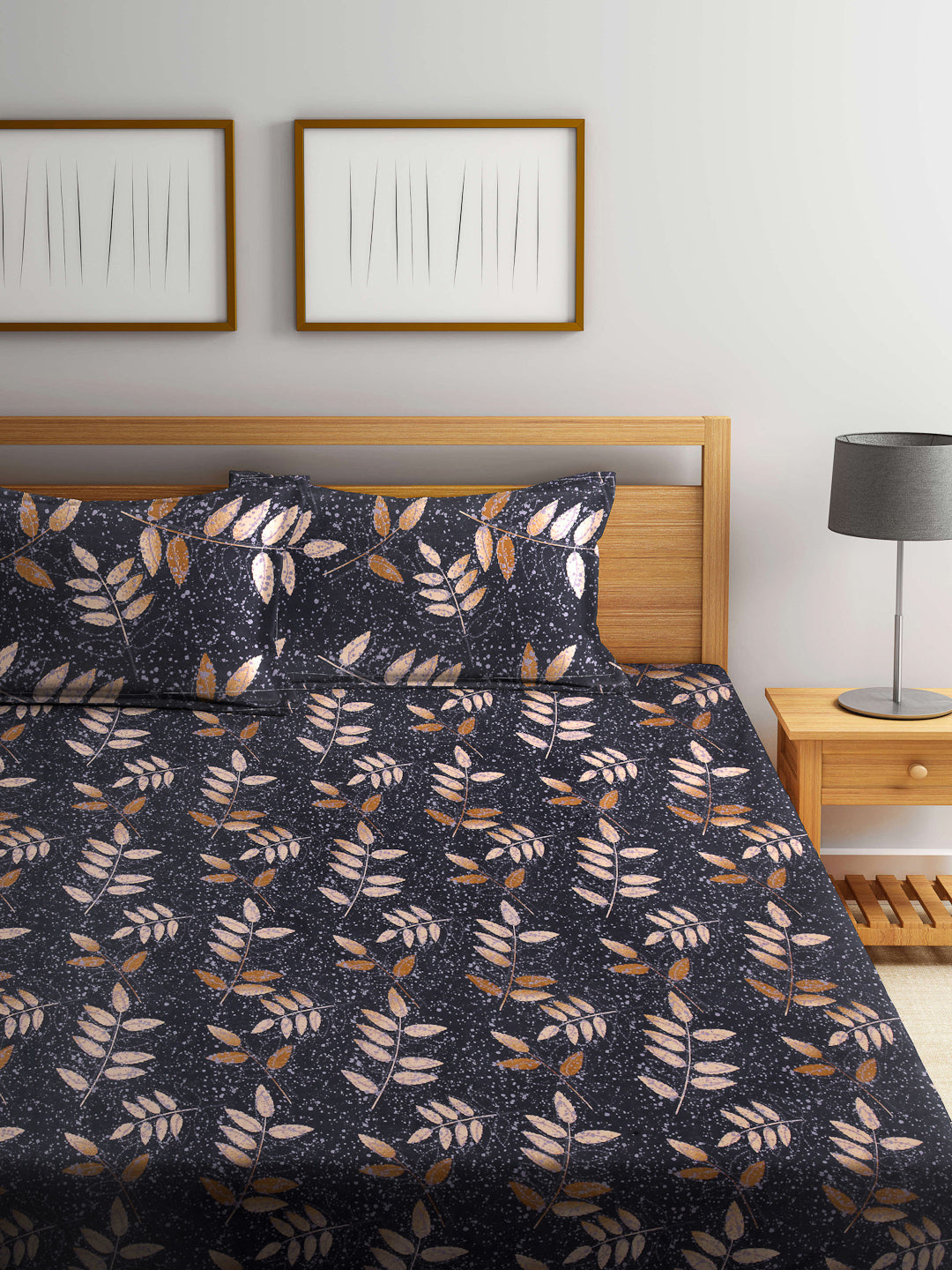 Arrabi Black Leaf TC Cotton Blend King Size Bedsheet with 2 Pillow Cover (250 x 225 cm)