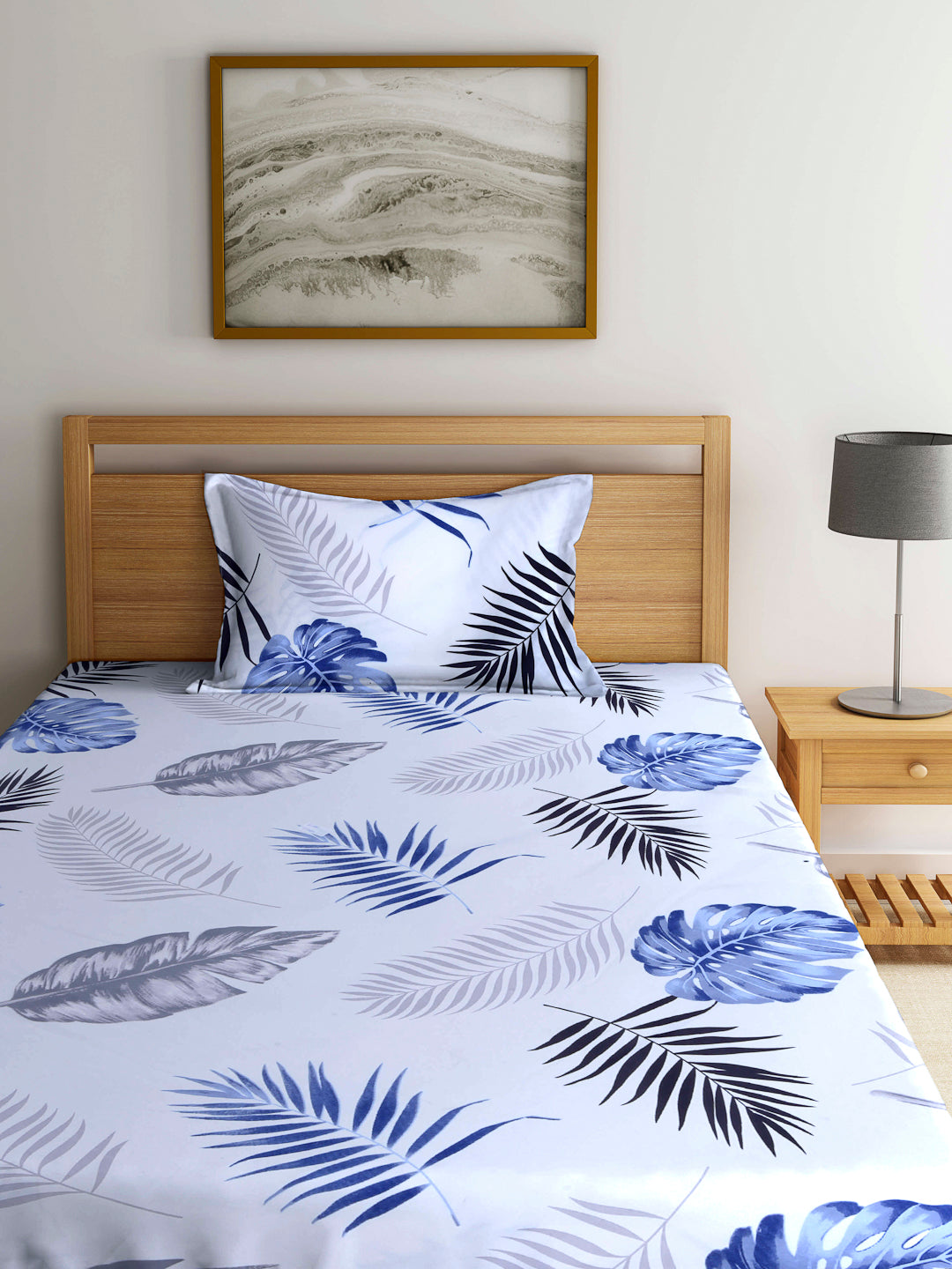Arrabi White Leaf TC Cotton Blend Single Size Bedsheet with 1 Pillow Cover (220 x 150 cm)