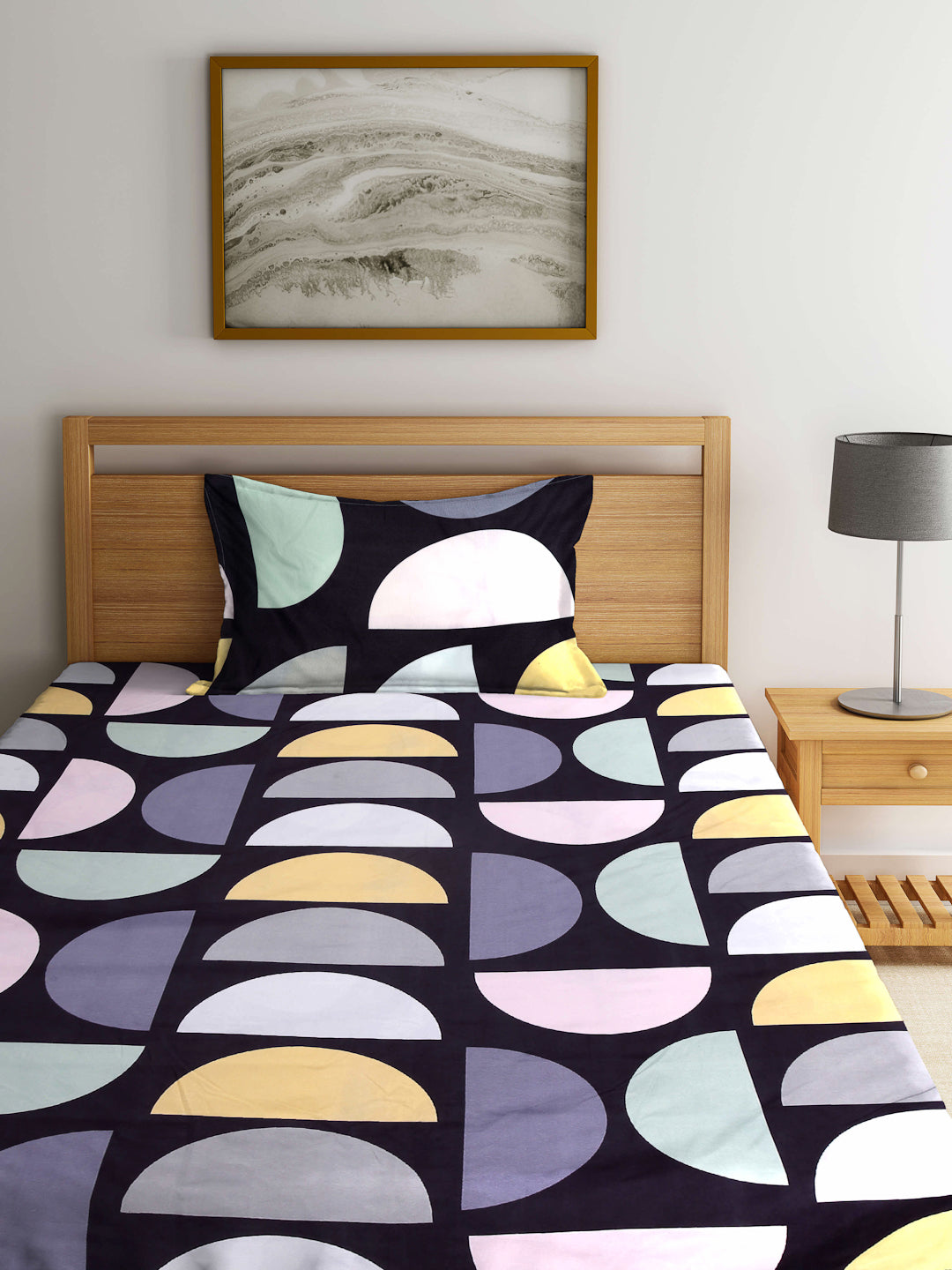 Arrabi Multi Geometric TC Cotton Blend Single Size Fitted Bedsheet with 1 Pillow Cover (215 X 150 cm)
