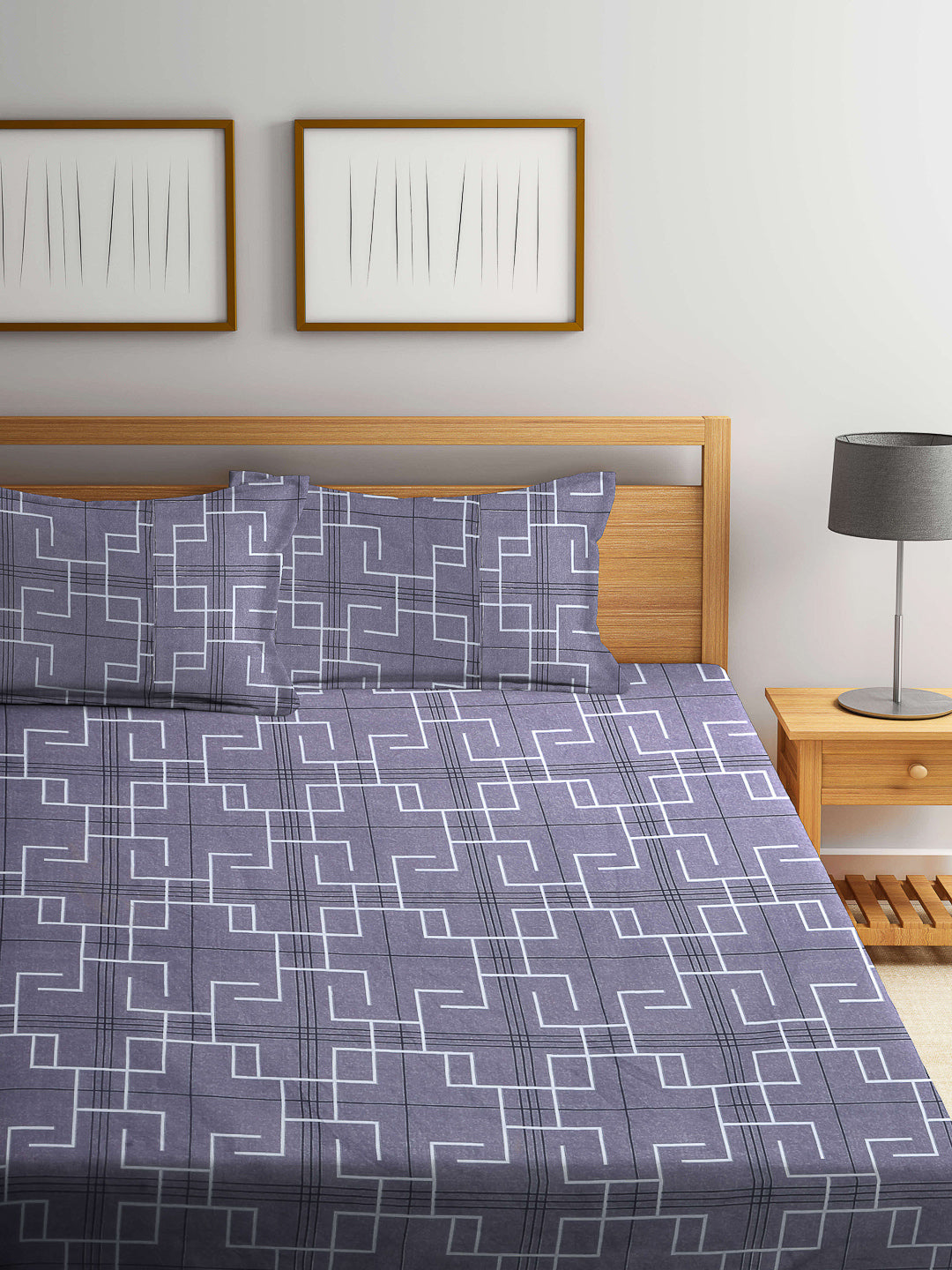 Arrabi Grey Abstract TC Cotton Blend Super King Size Bookfold Bedsheet with 2 Pillow Covers (270 X 260 cm)