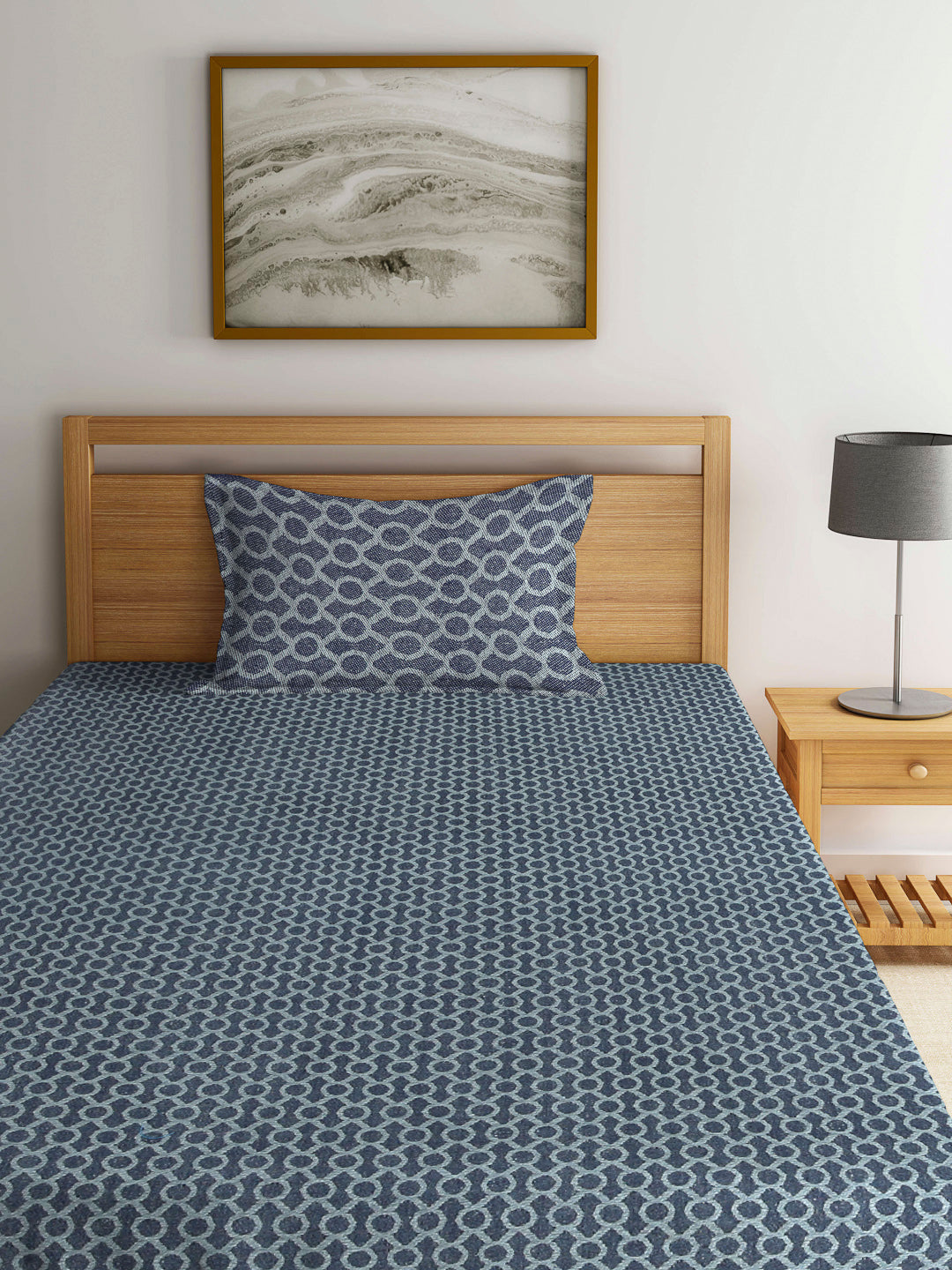 Arrabi Grey Geometric Handwoven Cotton Single Size Bedsheet with 1 Pillow Cover (230 x 150 cm)