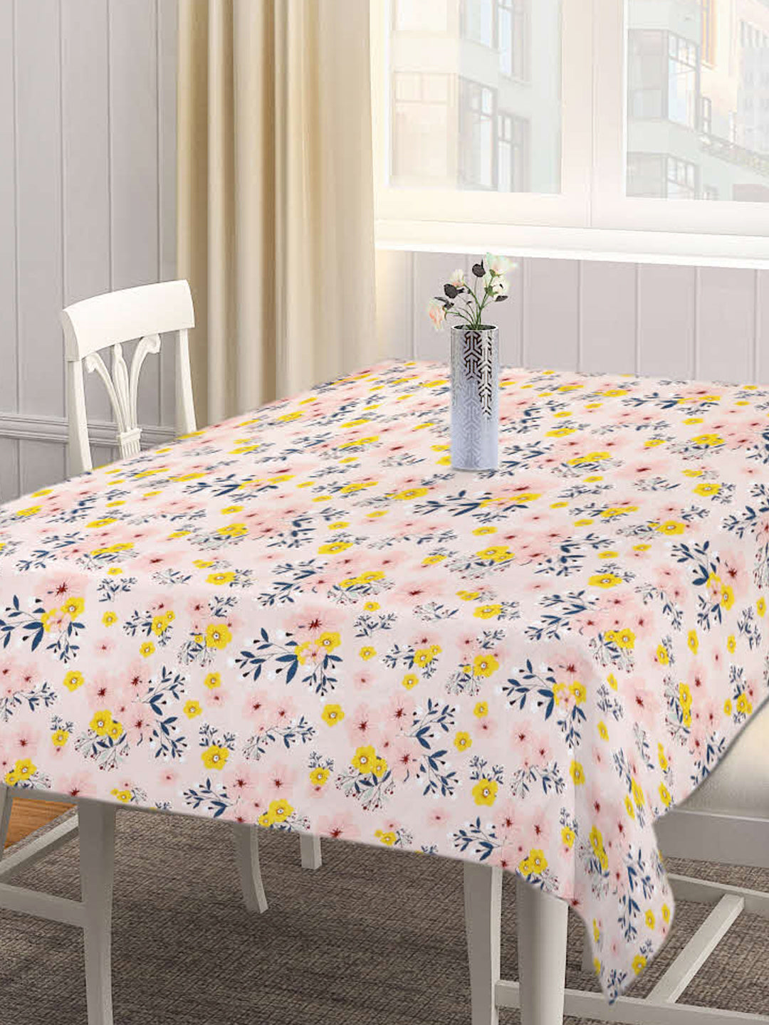 Arrabi Peach Floral Cotton Blend 6 SEATER Table Cover (180 X 130 cm)