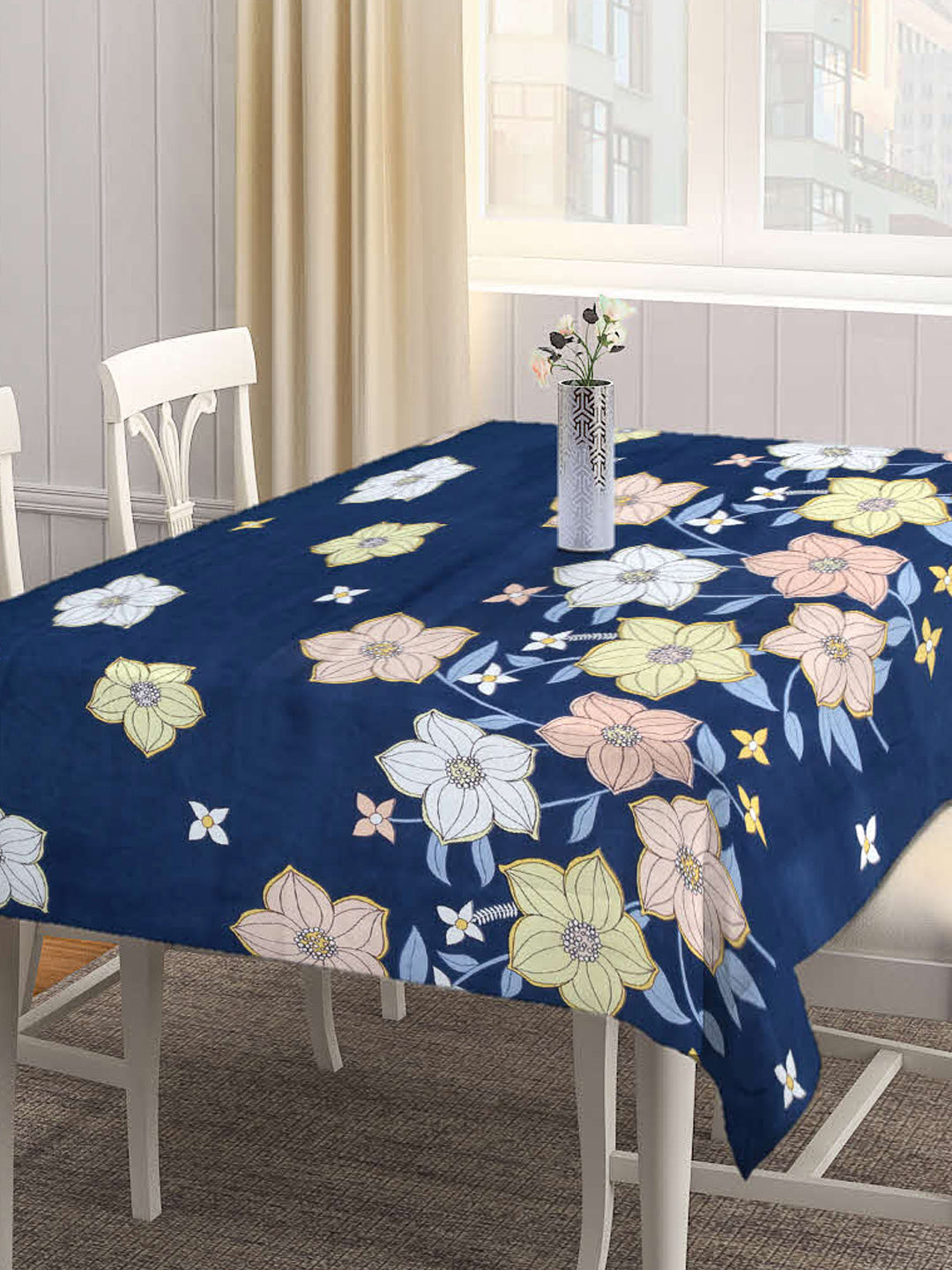 Arrabi Blue Floral Cotton Blend 8 SEATER Table Cover (215 X 150 cm)