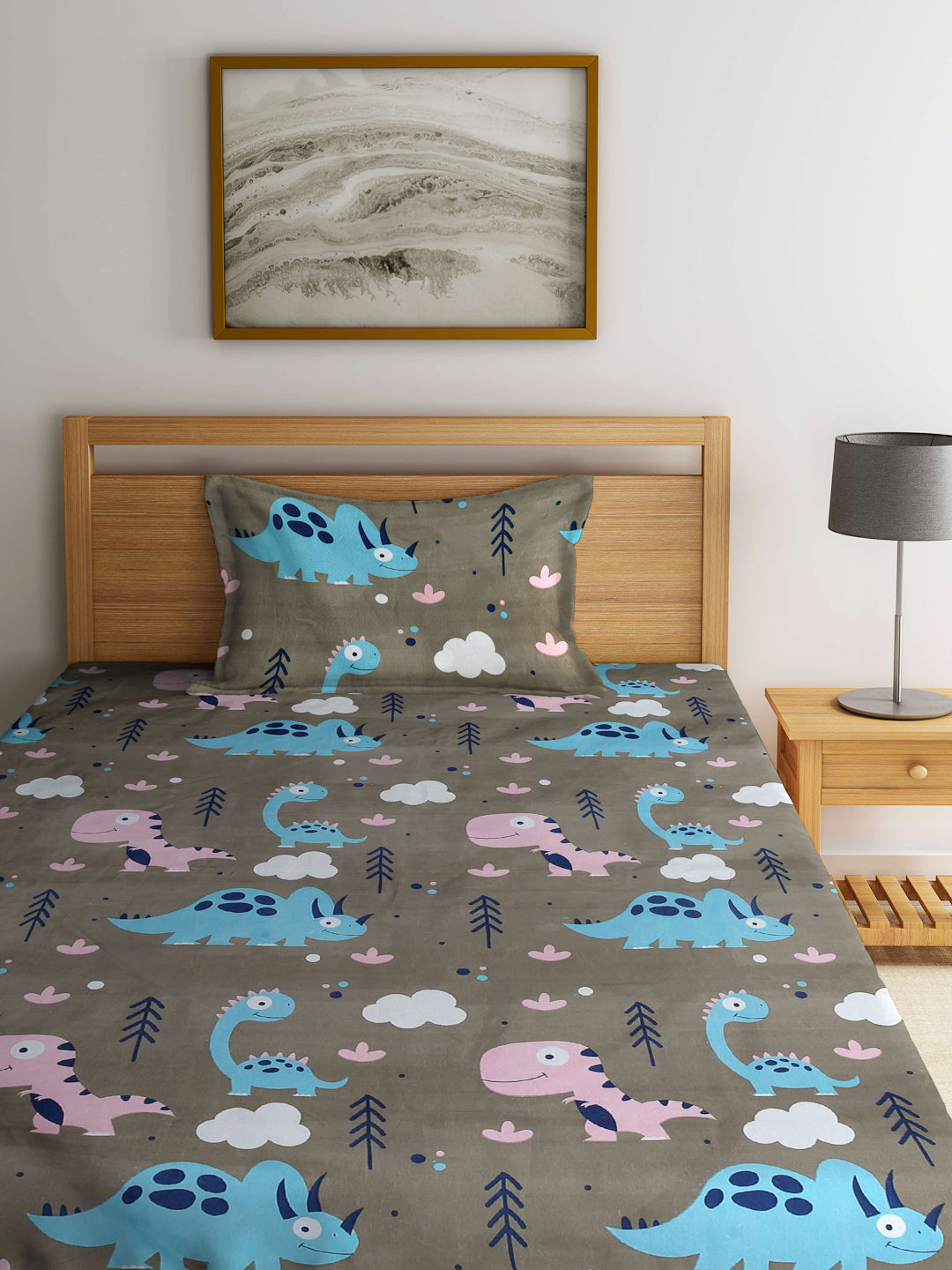 Arrabi Brown Cartoon TC Cotton Blend Single Size Fitted Bedsheet with 1 Pillow Cover (215 X 150 cm)