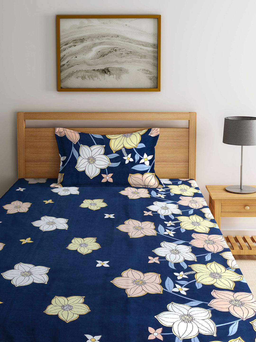 Arrabi Blue Floral TC Cotton Blend Single Size Bedsheet with 1 Pillow Cover (215 x 150 cm)