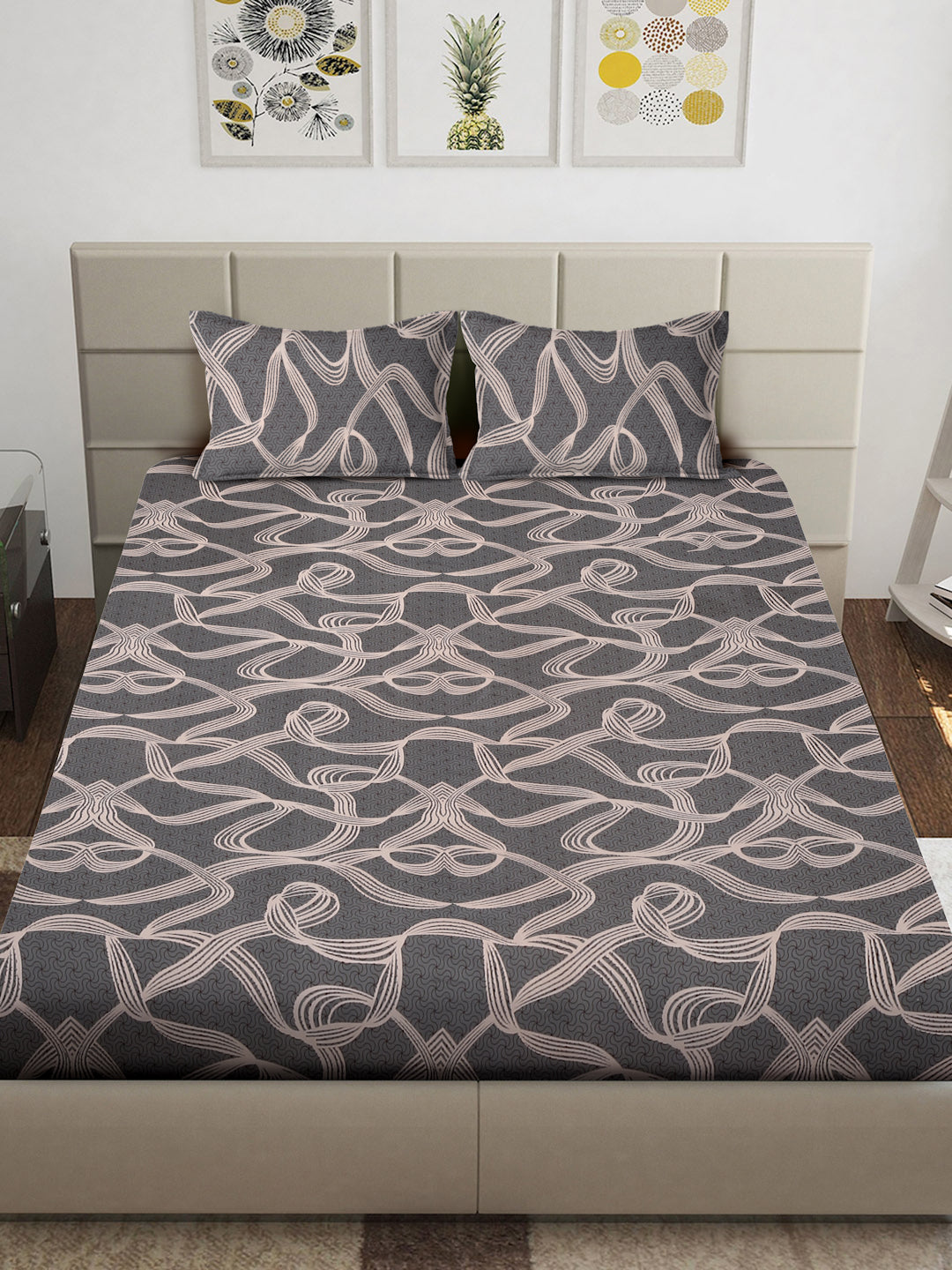 Arrabi Grey Abstract TC Cotton Blend King Size Bedsheet with 2 Pillow Covers (250 x 215 cm)