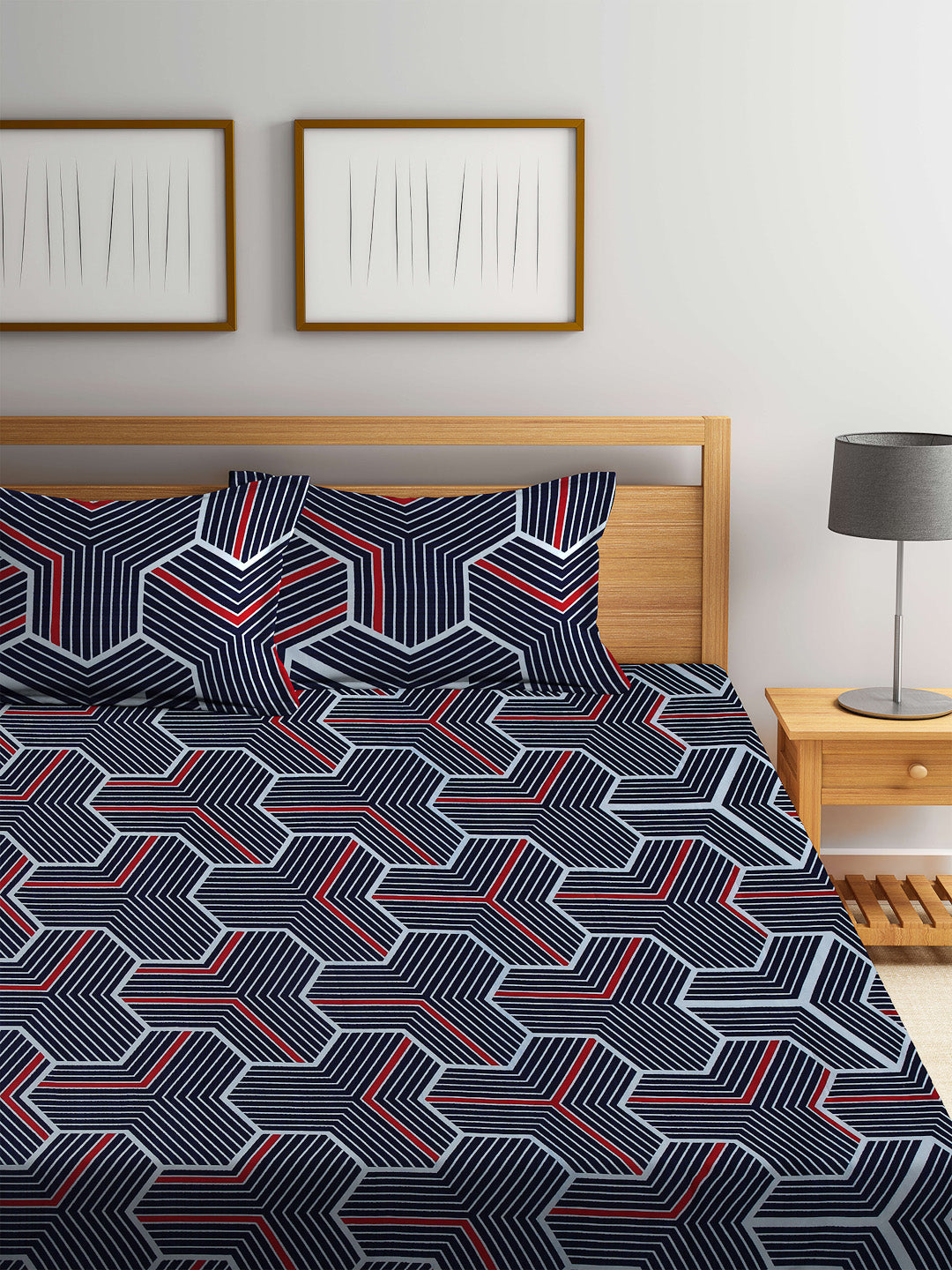 Arrabi Blue Geometric TC Cotton Blend King Size Bookfold Bedsheet with 2 Pillow Covers (250 X 220 cm)