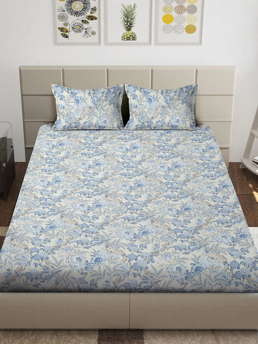 Arrabi Blue Floral TC Cotton Blend King Size Bedsheet with 2 Pillow Covers (250 x 215 cm)