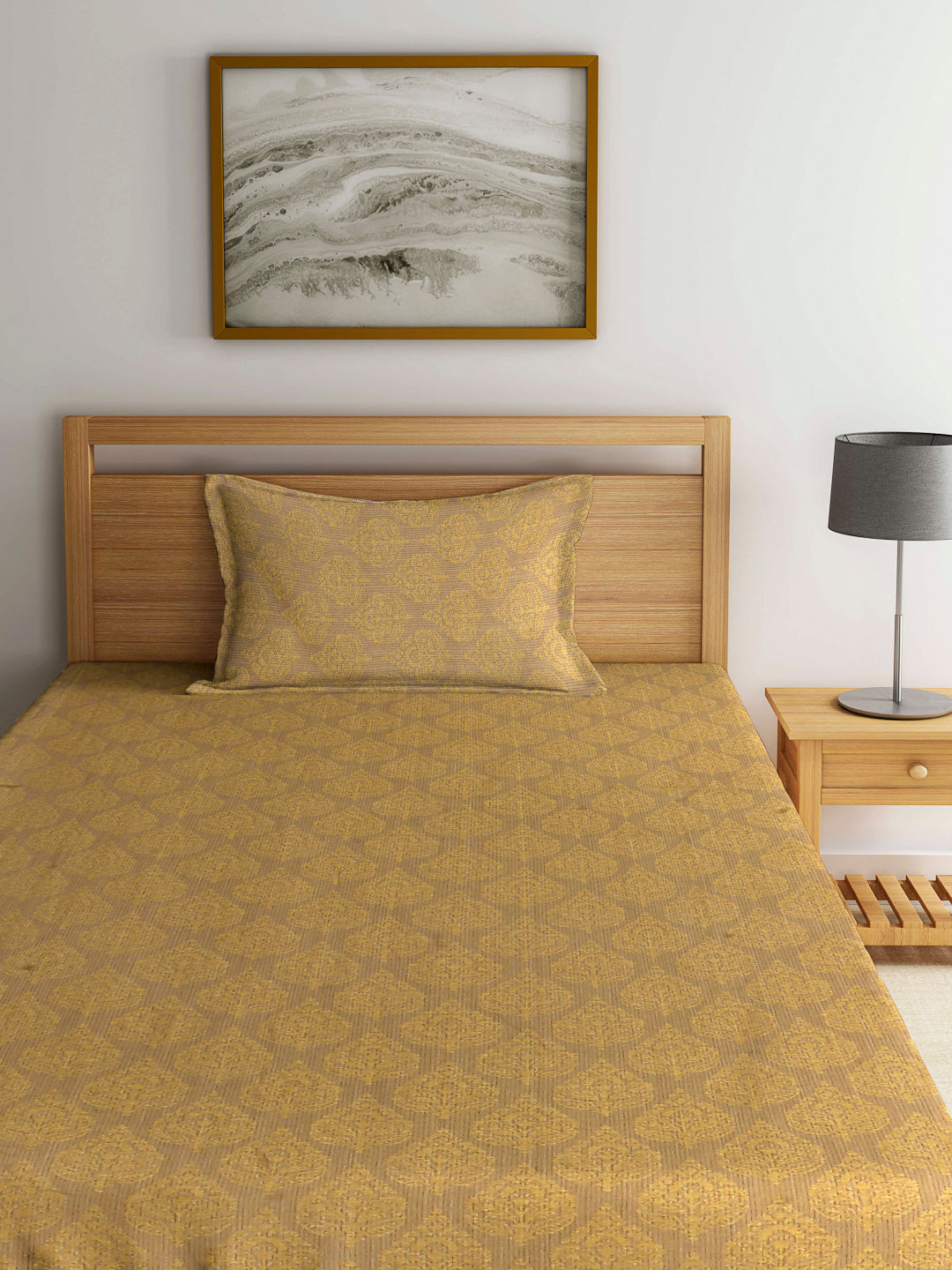 Arrabi Beige Indian Handwoven Cotton Single Size Bedsheet with 1 Pillow Cover (230 x 150 cm)