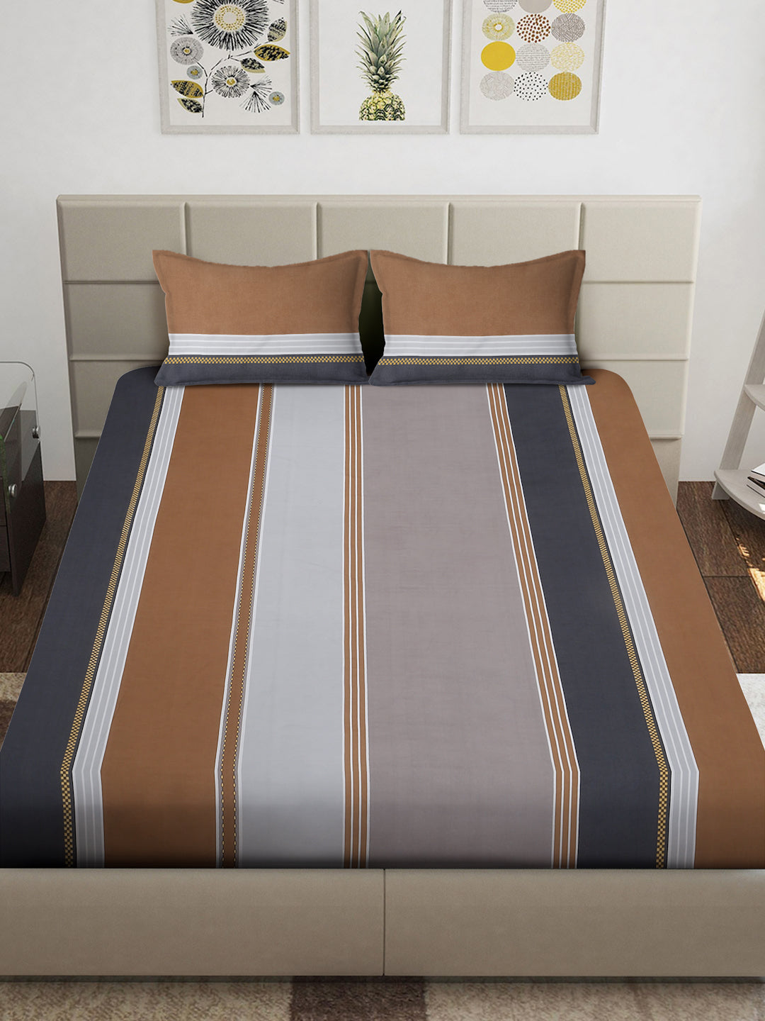 Arrabi Grey Stripes TC Cotton Blend King Size Bedsheet with 2 Pillow Covers (250 x 215 cm)