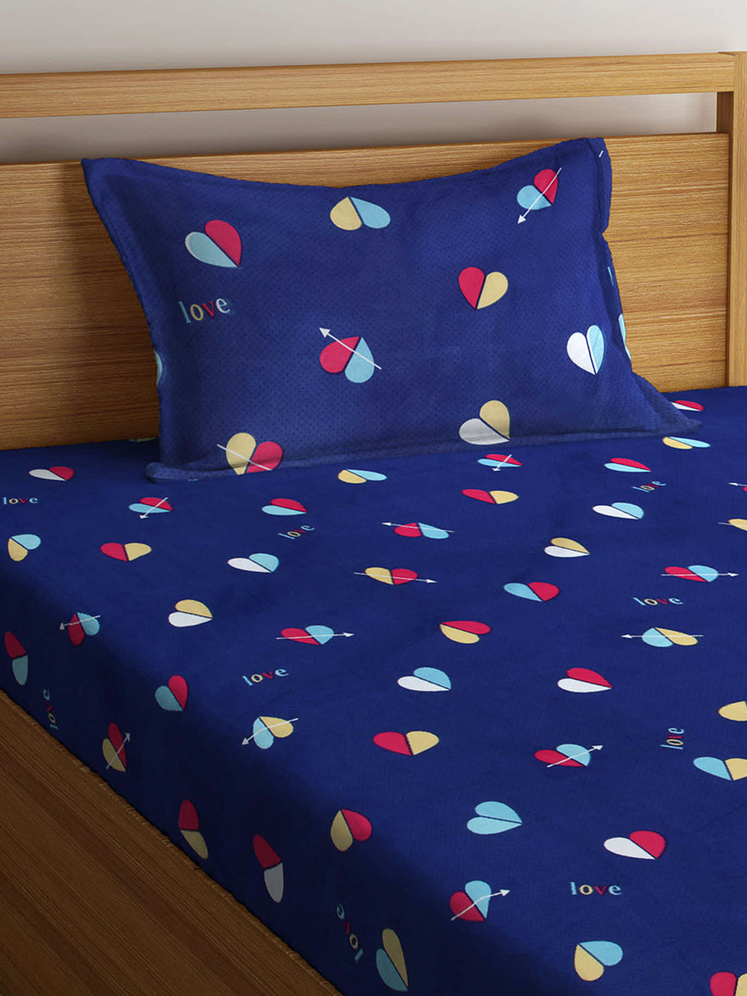 Arrabi Blue Graphic TC Cotton Blend Single Size Fitted Bedsheet with 1 Pillow Cover (220 X 150 cm)