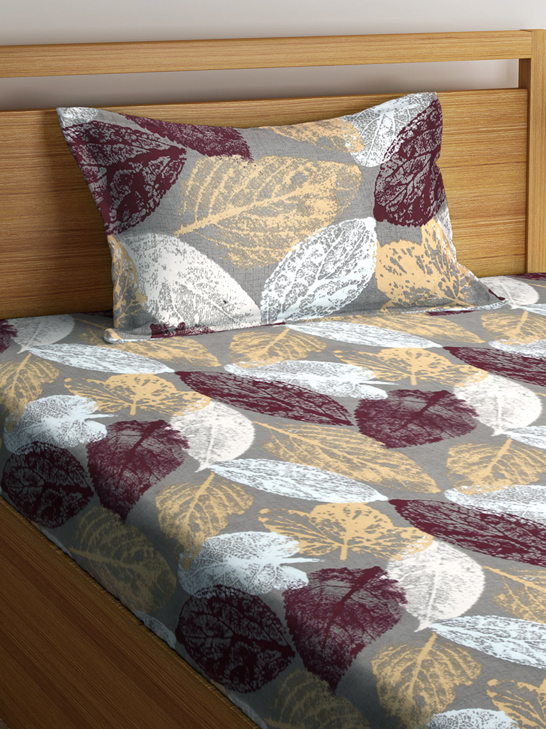 Arrabi Multi Leaf TC Cotton Blend Single Size Fitted Bedsheet with 1 Pillow Cover (220 X 150 cm)