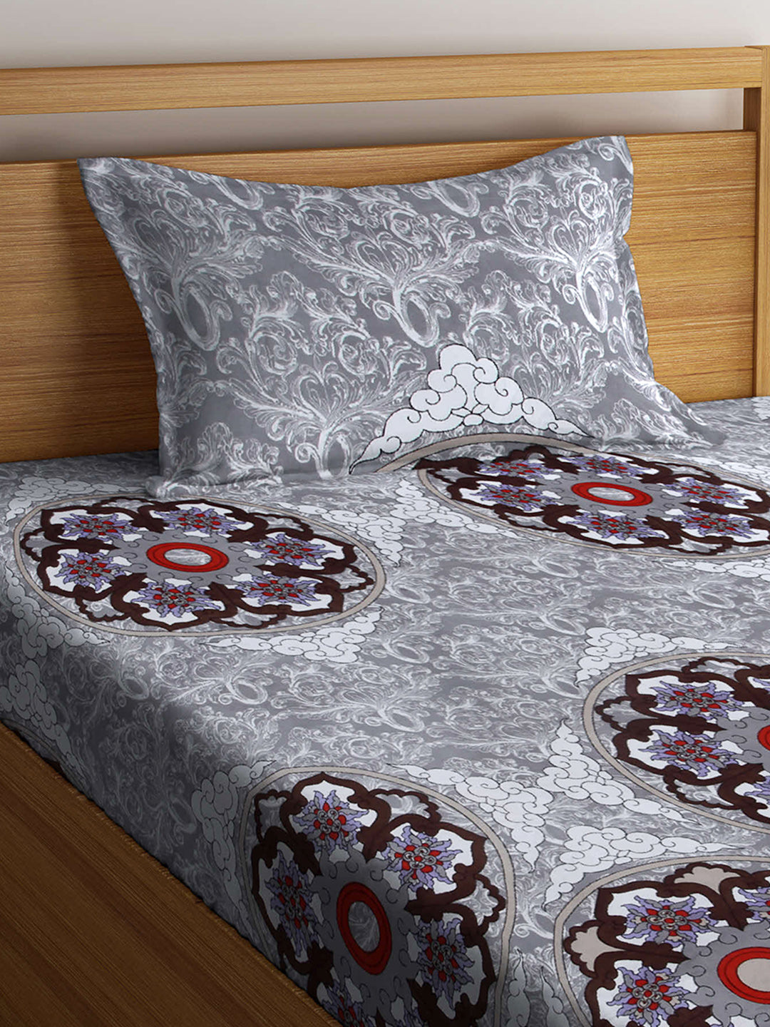 Arrabi Grey Indian TC Cotton Blend Single Size Fitted Bedsheet with 1 Pillow Cover (220 X 150 cm)