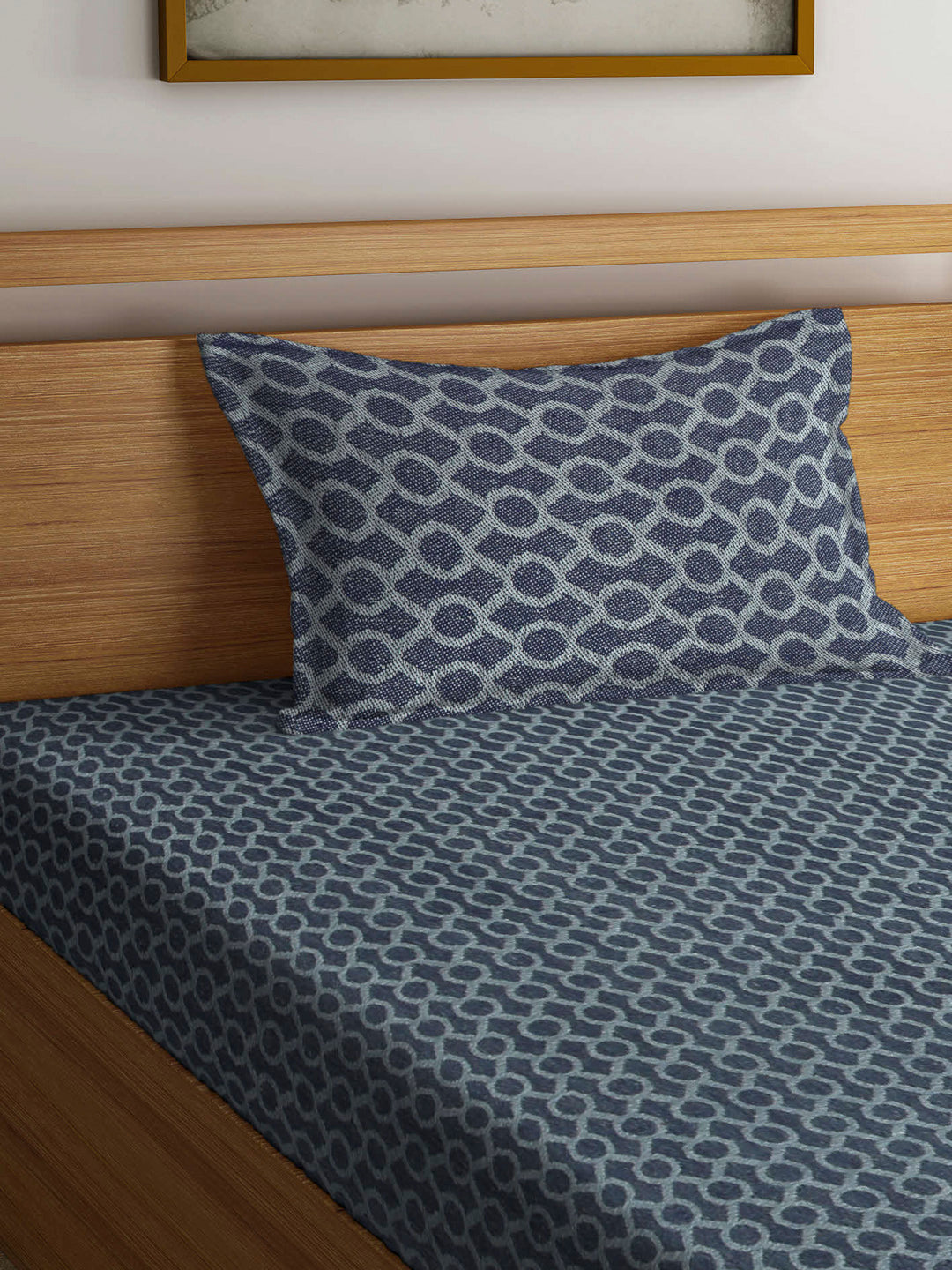 Arrabi Grey Geometric Handwoven Cotton Single Size Bedsheet with 1 Pillow Cover (230 x 150 cm)