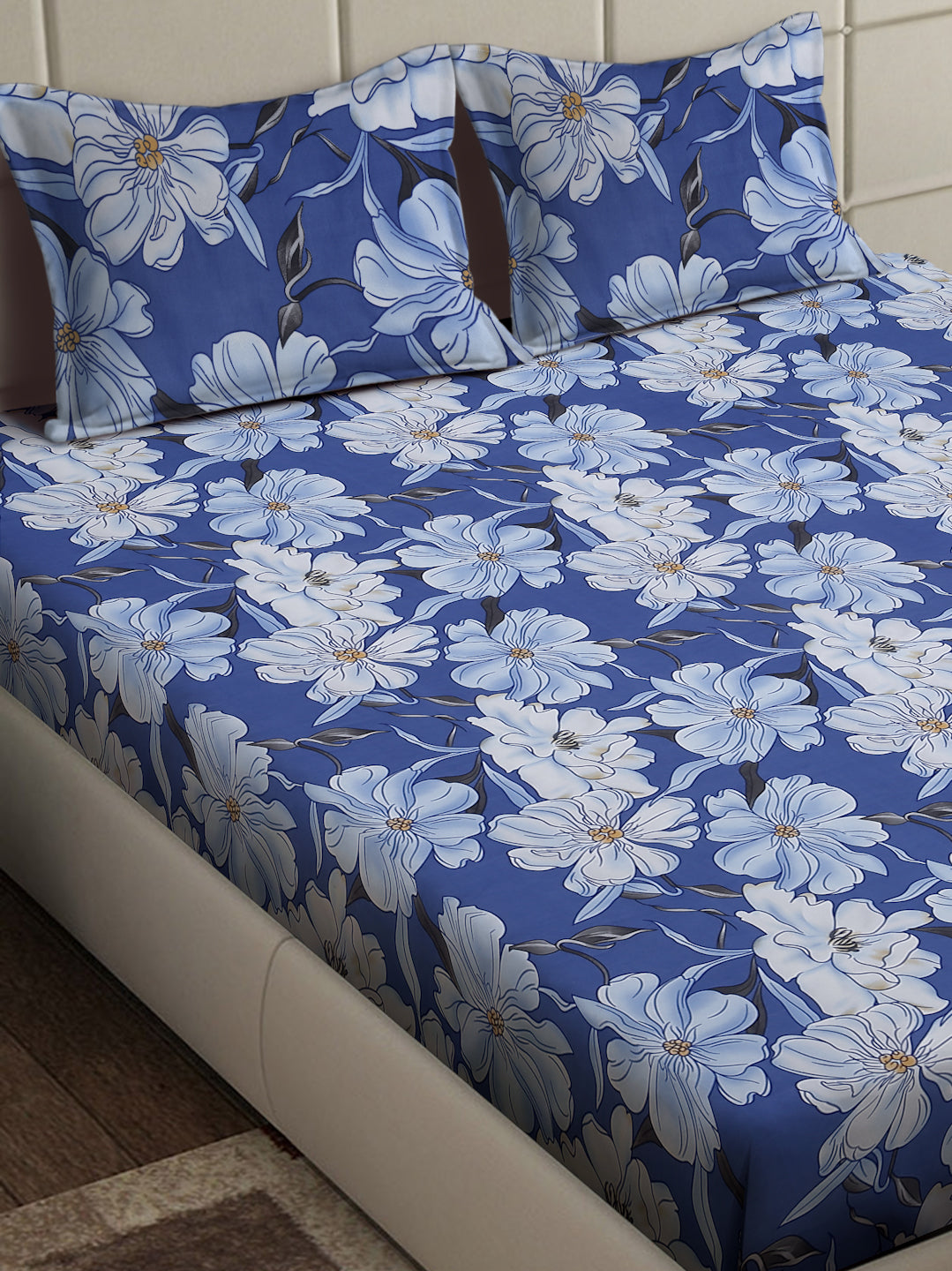 Arrabi Blue Floral TC Cotton Blend Super King Size Bedsheet with 2 Pillow Covers (270 x 260 cm)