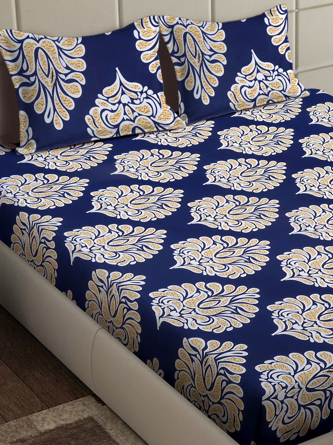 Arrabi Blue Floral TC Cotton Blend Super King Size Bedsheet with 2 Pillow Covers (270 x 260 cm)