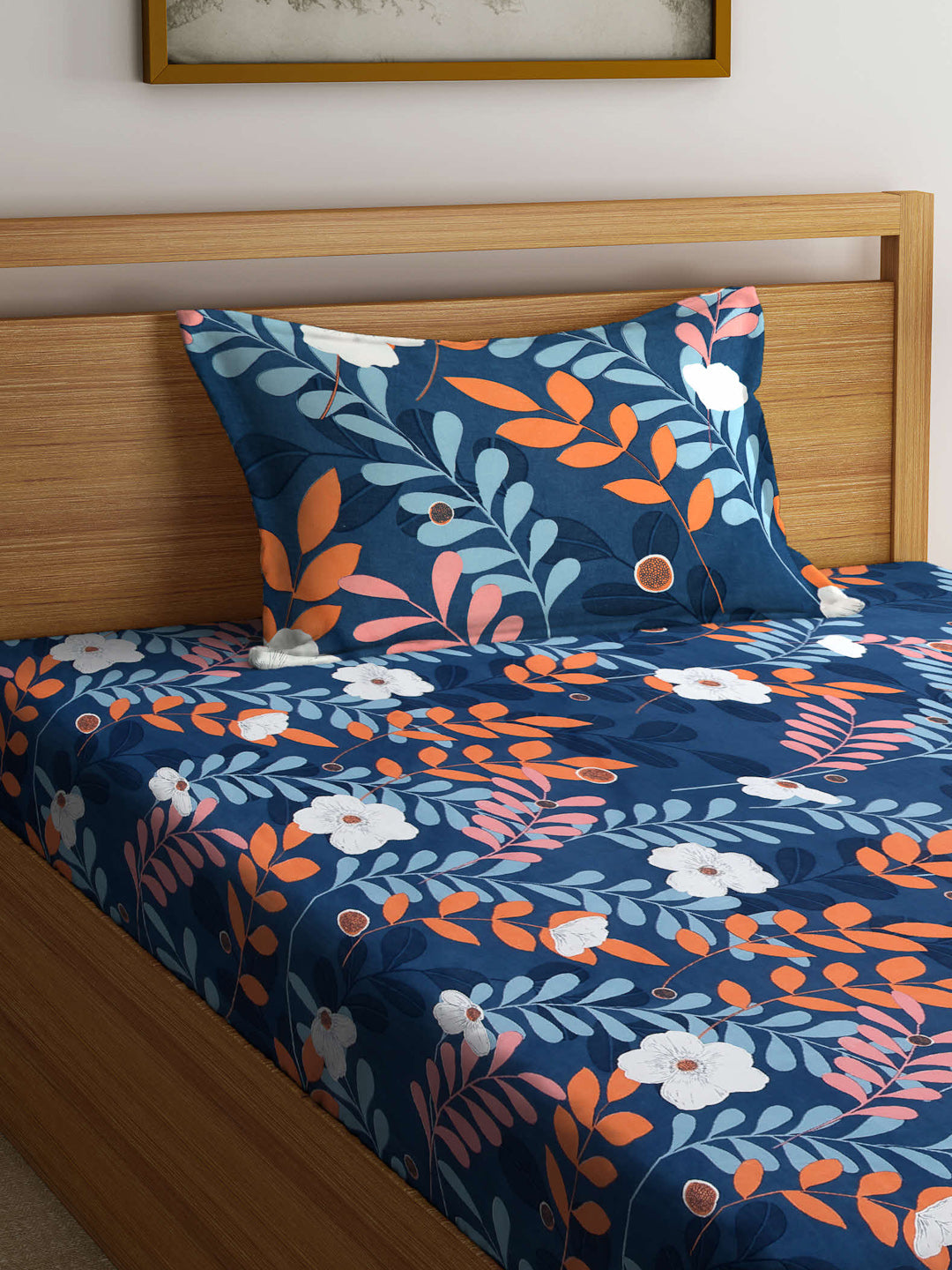 Arrabi Blue Floral TC Cotton Blend Single Size Bedsheet with 1 Pillow Cover (215 x 150 cm)