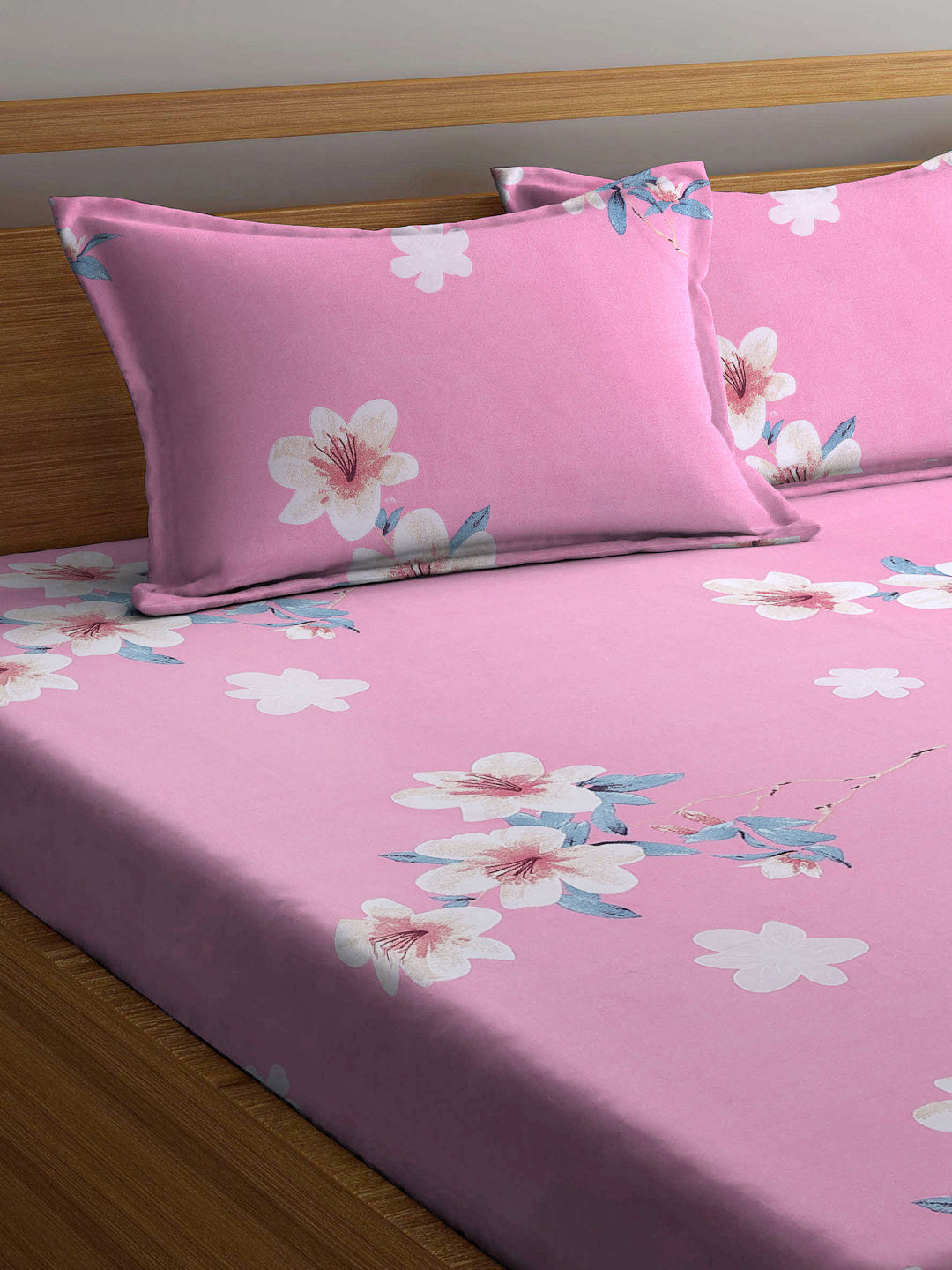 Arrabi Pink Floral TC Cotton Blend King Size Bookfold Bedsheet with 2 Pillow Covers (250 X 215 cm)
