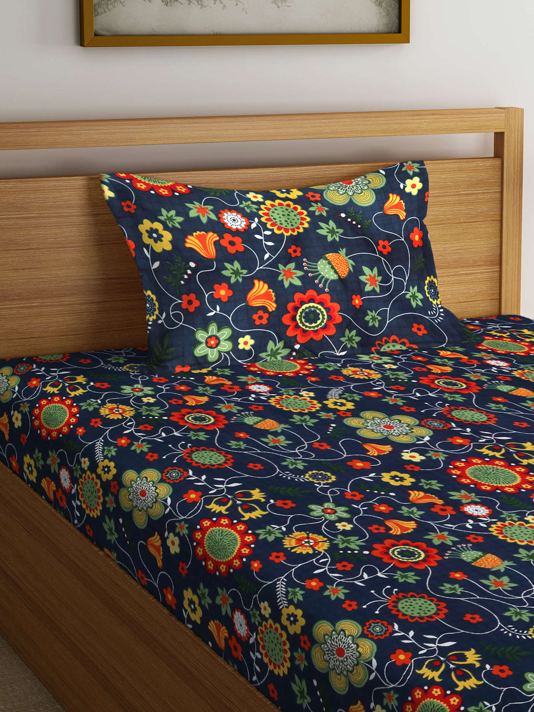 Arrabi Blue Floral TC Cotton Blend Single Size Bedsheet with 1 Pillow Cover (215 x 150 cm)