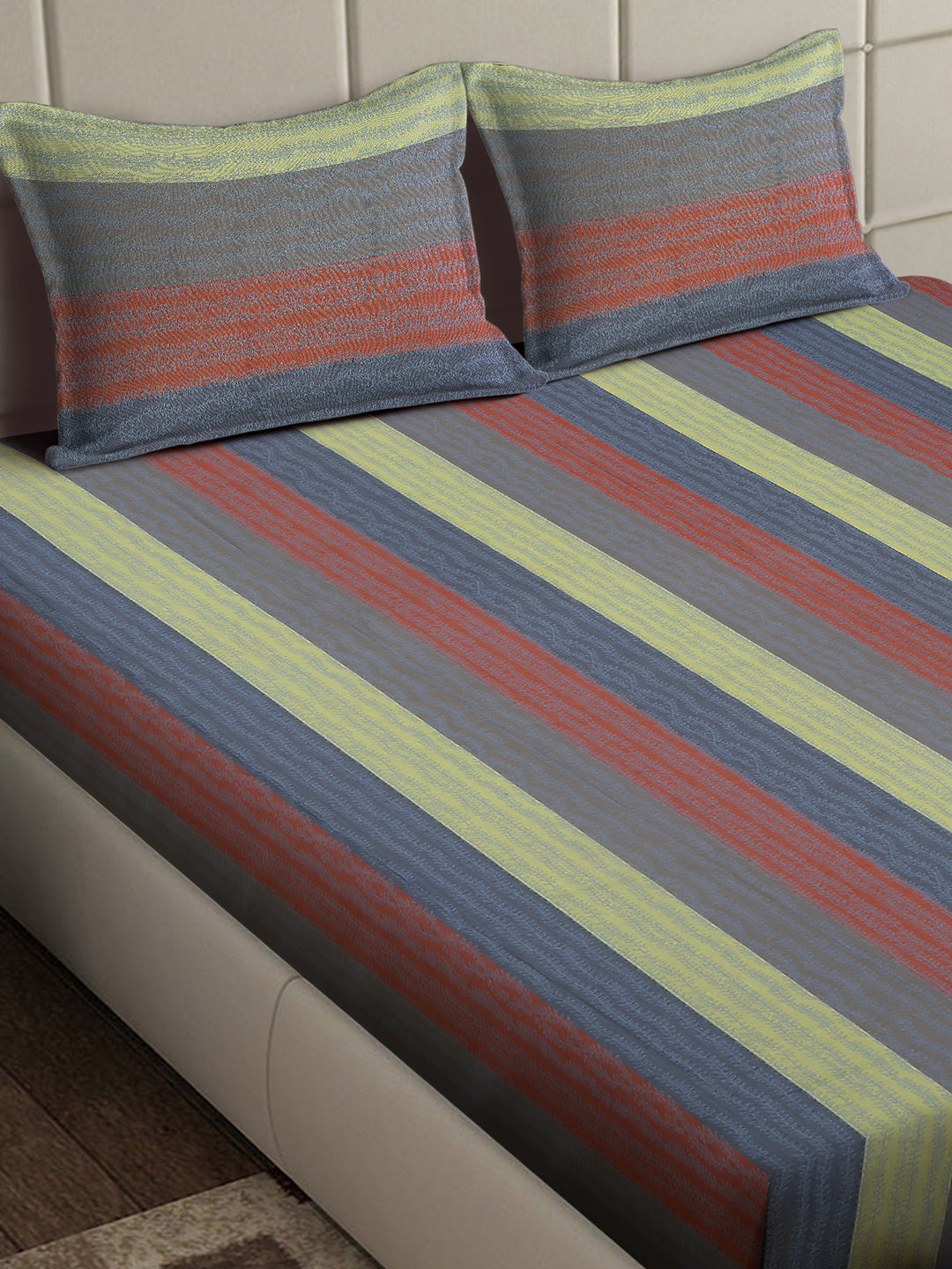 Arrabi Multi Stripes Handwoven Cotton King Size Bedsheet with 2 Pillow Covers (260 x 230 cm)