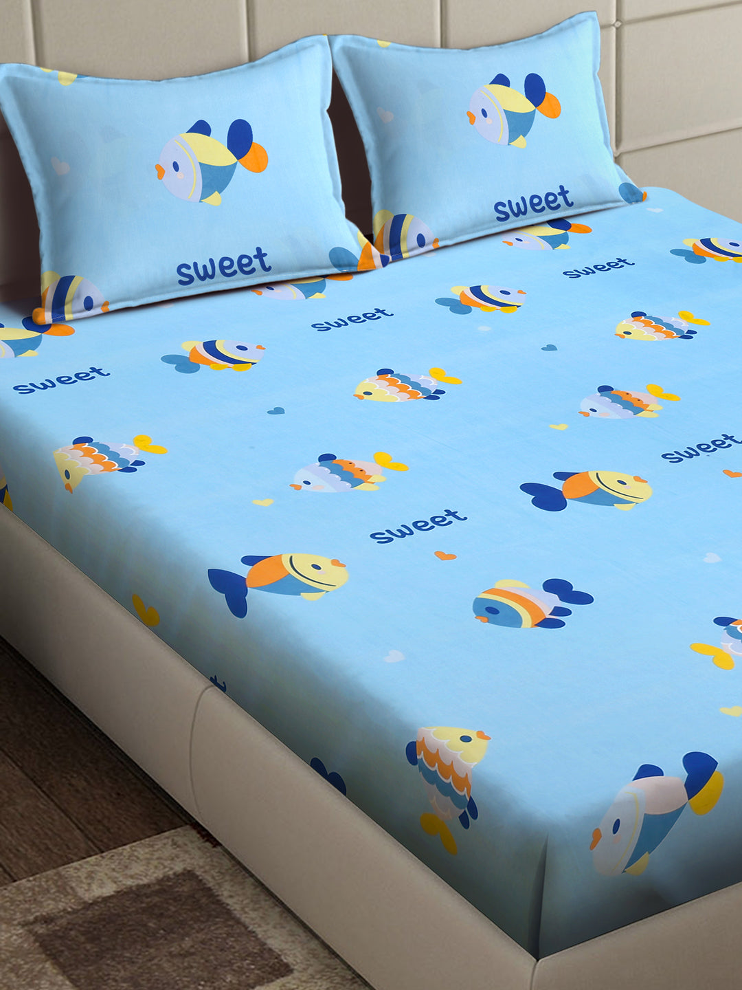 Arrabi Blue Cartoon TC Cotton Blend King Size Bedsheet with 2 Pillow Covers (250 x 215 cm)
