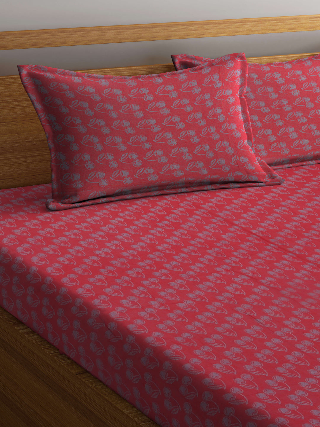 Arrabi Red Leaf Handwoven Cotton Super King Size Bedsheet with 2 Pillow Covers (270 X 270 cm)