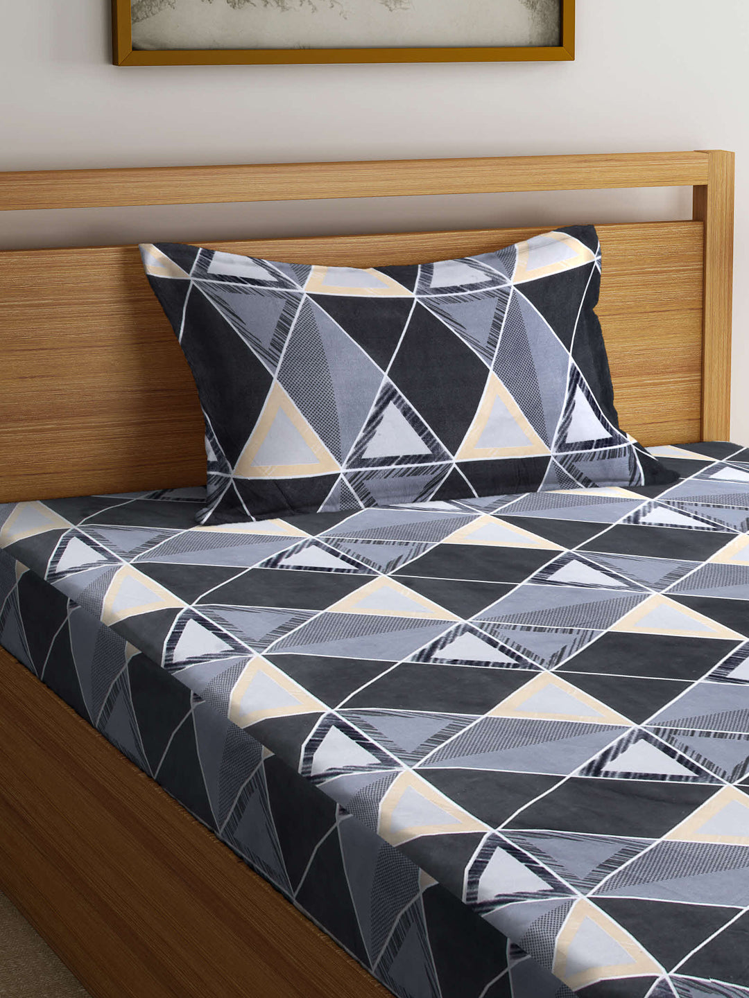 Arrabi Grey Geometric TC Cotton Blend Single Size Bedsheet with 1 Pillow Cover (215 x 150 cm)