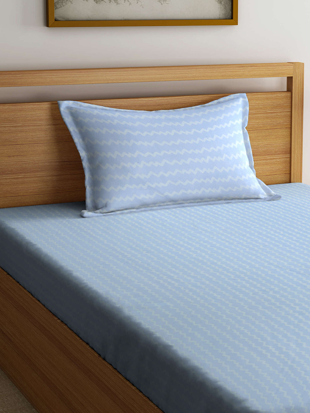 Arrabi Blue Striped TC Cotton Blend Single Size Bedsheet with 1 Pillow Cover (215 x 150 cm)