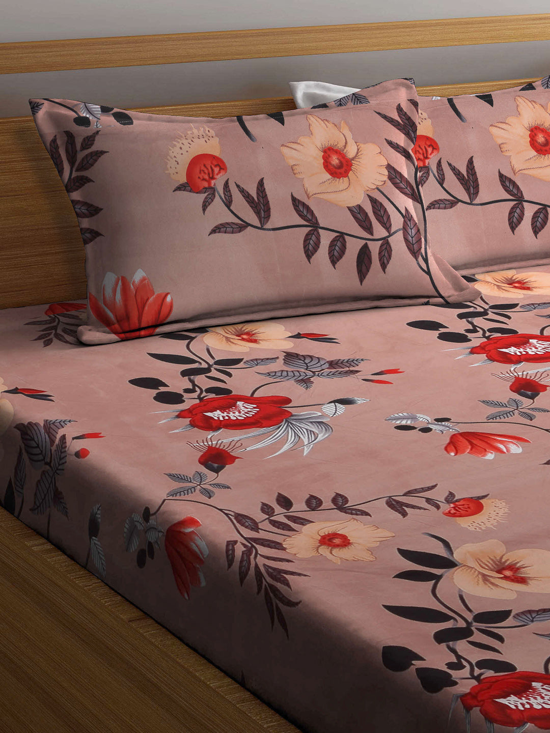 Arrabi Brown Floral TC Cotton Blend Super King Size Bookfold Bedsheet with 2 Pillow Covers (270 X 260 cm)