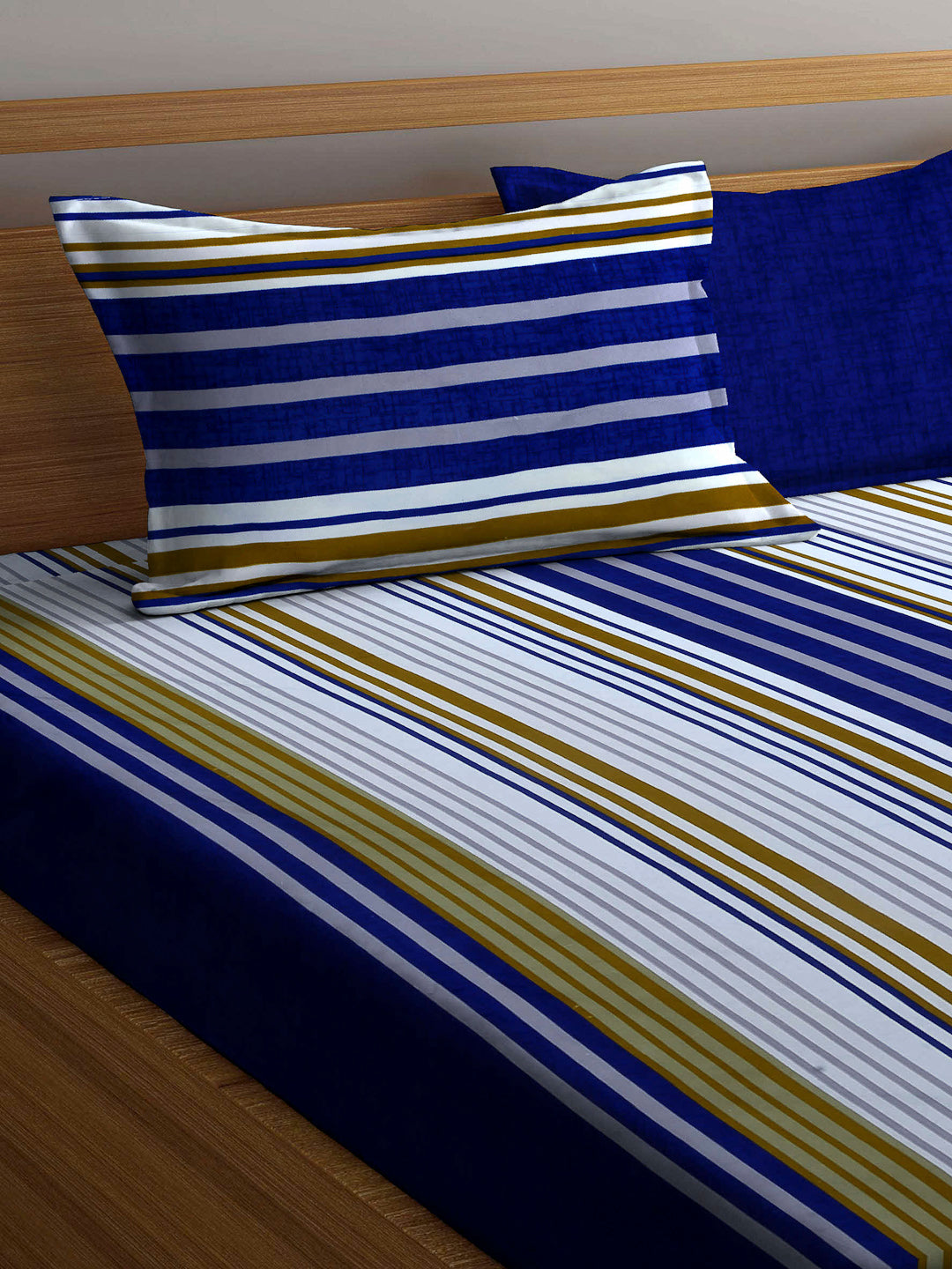 Arrabi Blue Stripes TC Cotton Blend Super King Size Bedsheet with 2 Pillow Covers (270 x 260 cm)