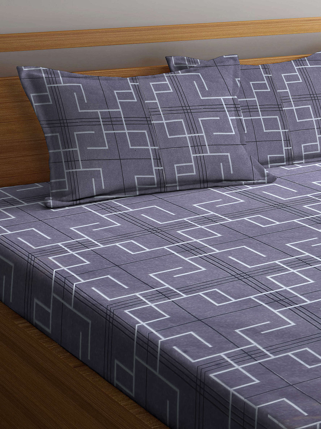 Arrabi Grey Abstract TC Cotton Blend Super King Size Bookfold Bedsheet with 2 Pillow Covers (270 X 260 cm)