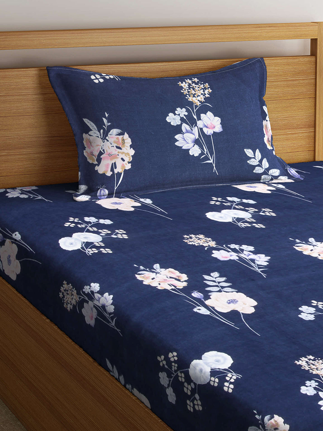 Arrabi Blue Leaf TC Cotton Blend Single Size Fitted Bedsheet with 1 Pillow Cover (220 X 150 cm)