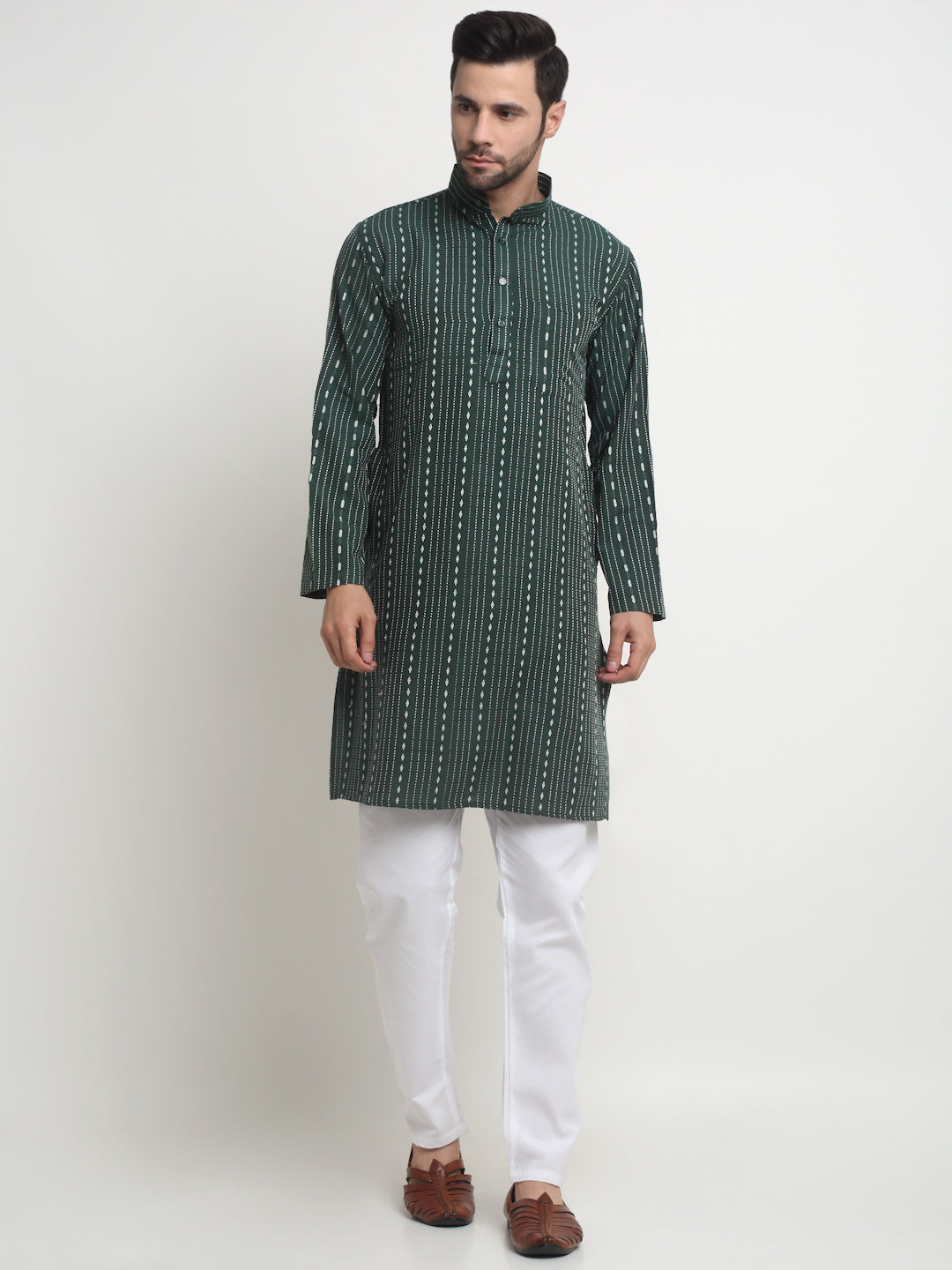 Arrabi Men Indian Fashion Green Pure Cotton Geometric Straight Kurta