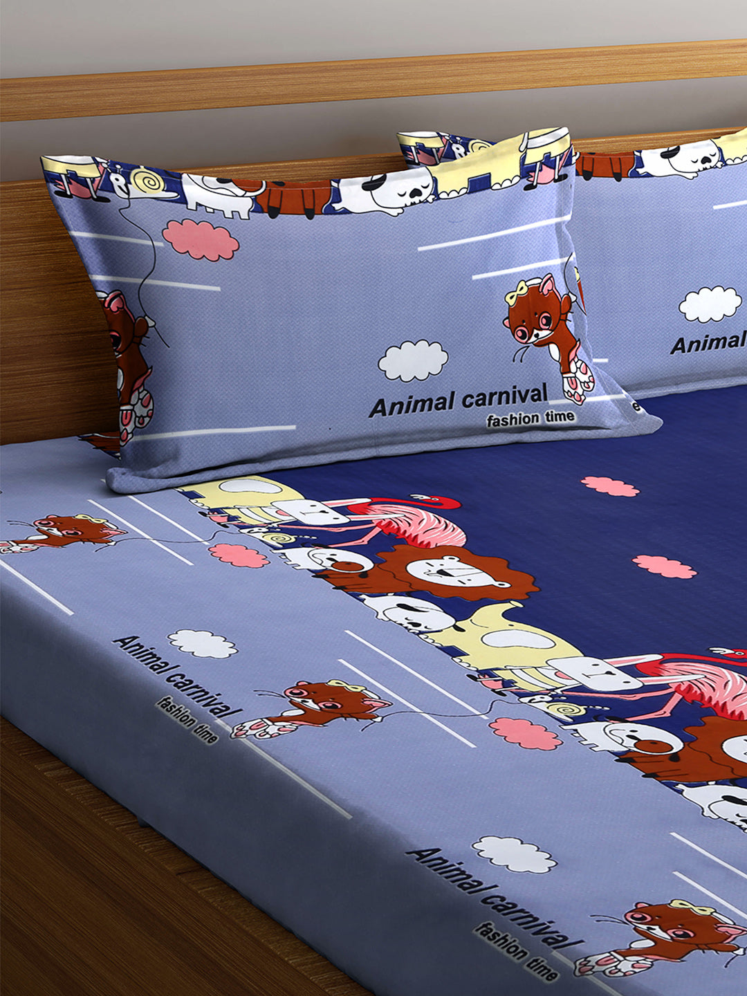 Arrabi Blue Cartoon TC Cotton Blend King Size Bookfold Bedsheet with 2 Pillow Covers (250 X 220 cm)