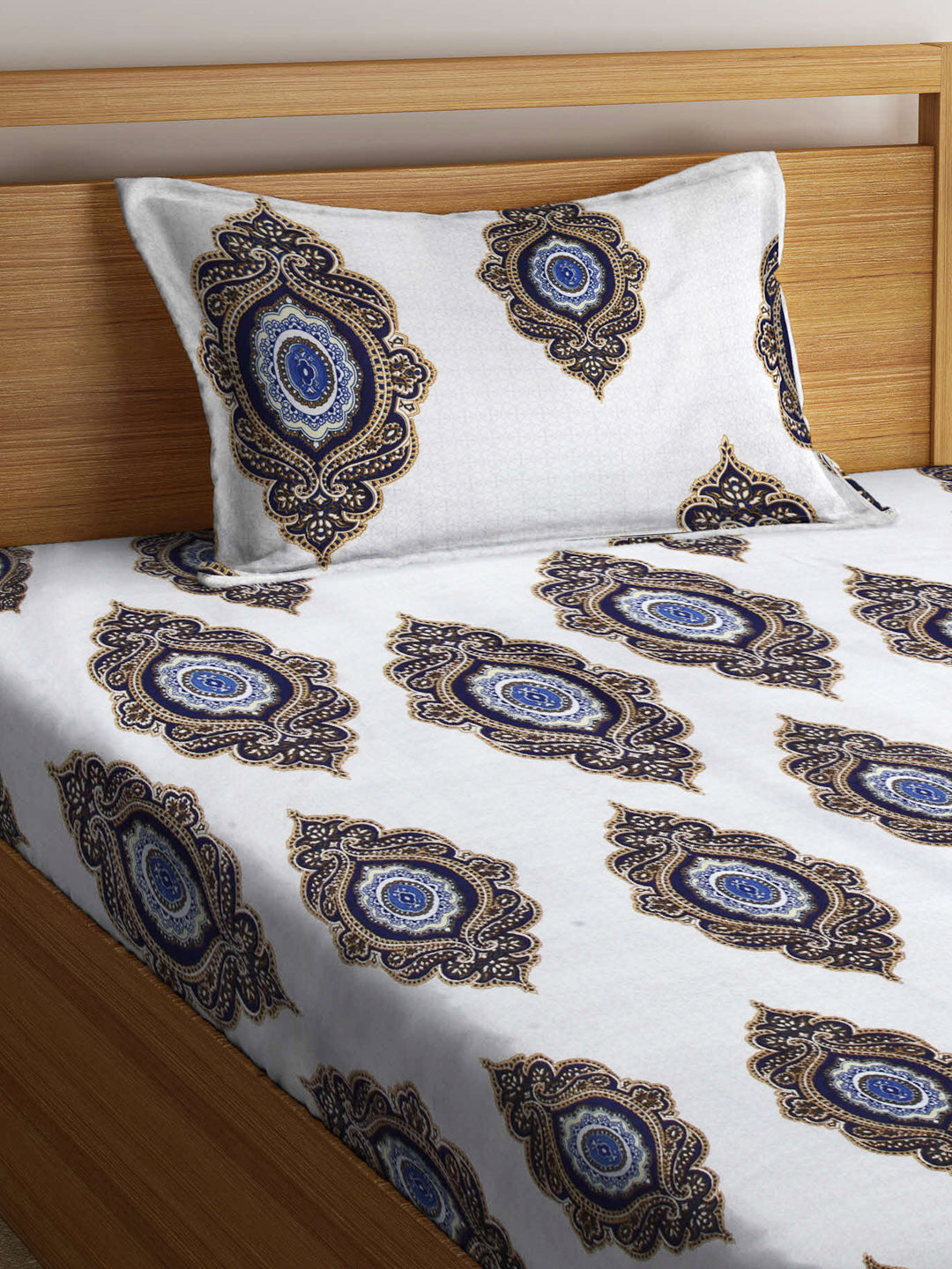 Arrabi White Indian TC Cotton Blend Single Size Fitted Bedsheet with 1 Pillow Cover (220 X 150 cm)