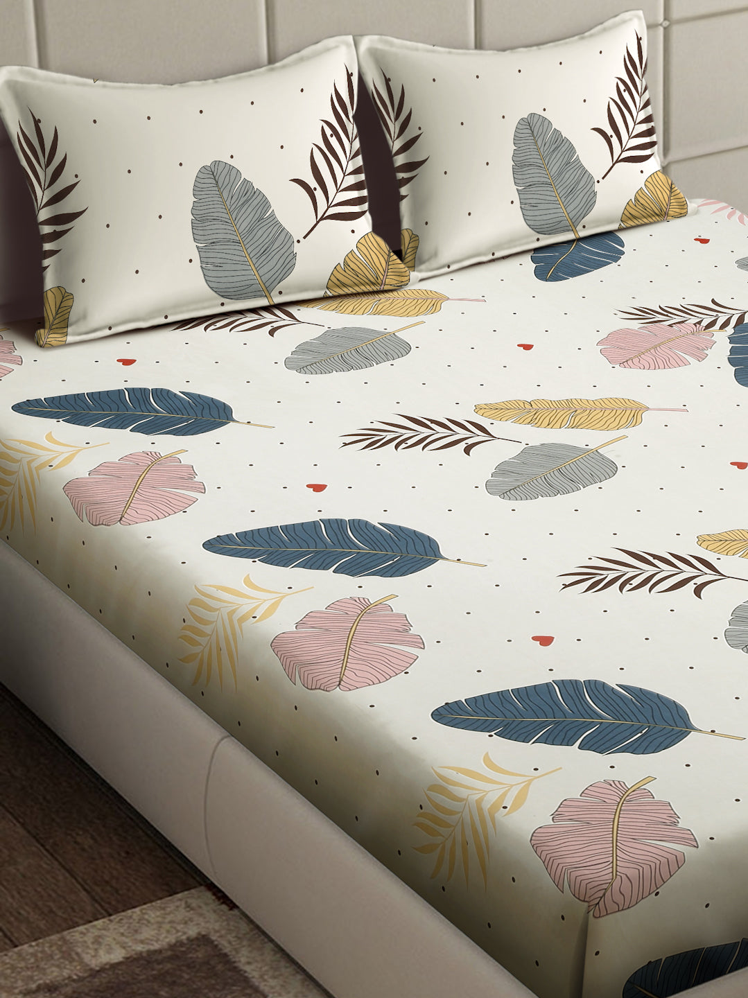 Arrabi Cream Leaf TC Cotton Blend King Size Bedsheet with 2 Pillow Covers (250 x 215 cm)