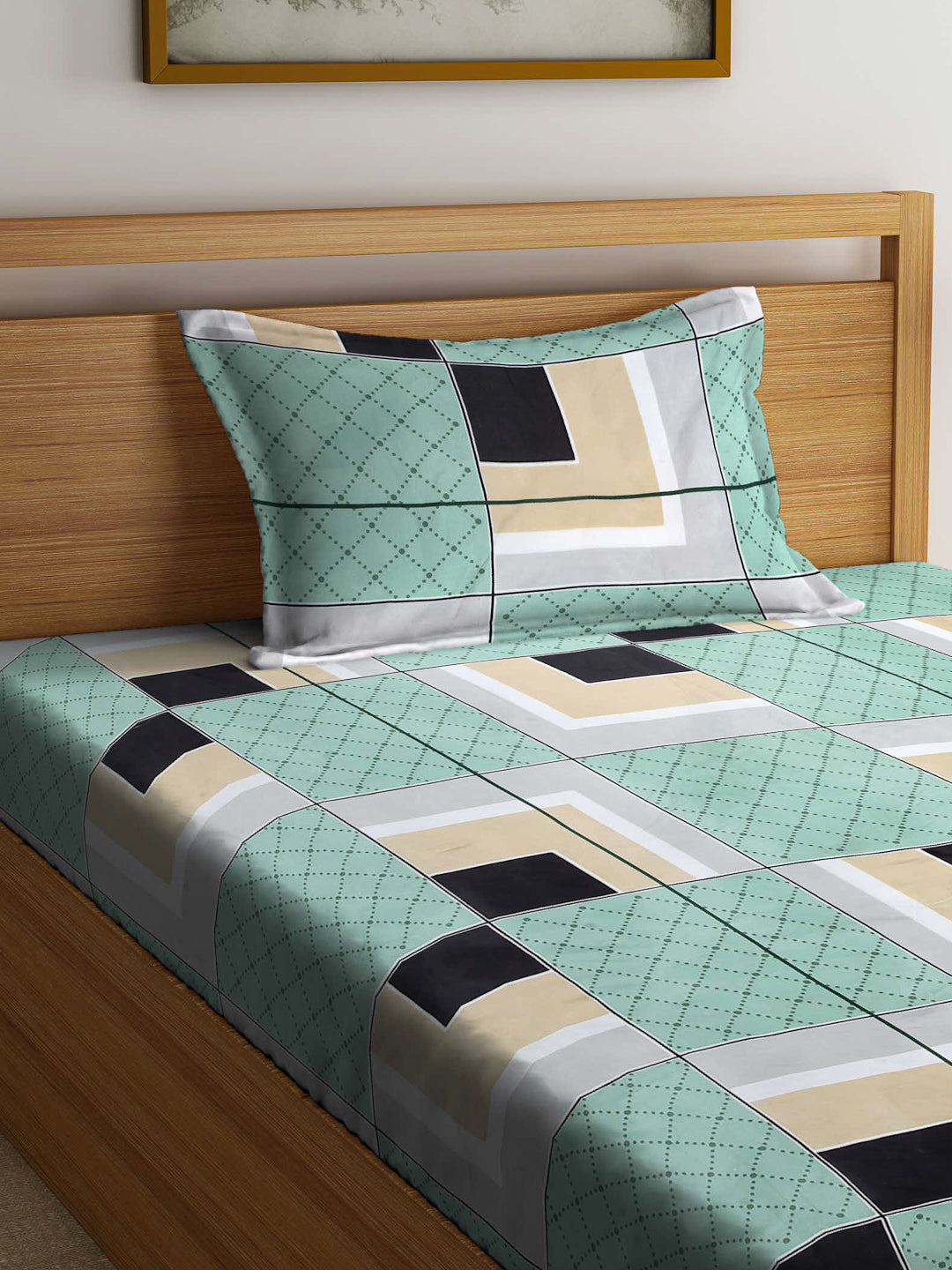Arrabi Green Geometric TC Cotton Blend Single Size Bedsheet with 1 Pillow Cover (215 x 150 cm)